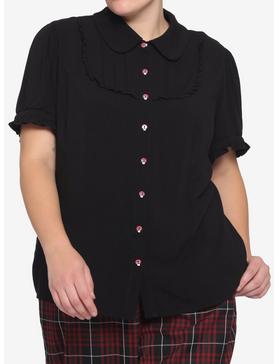 Black Bibbed Mushroom Buttons Girls Woven Button-Up Plus Size, , hi-res