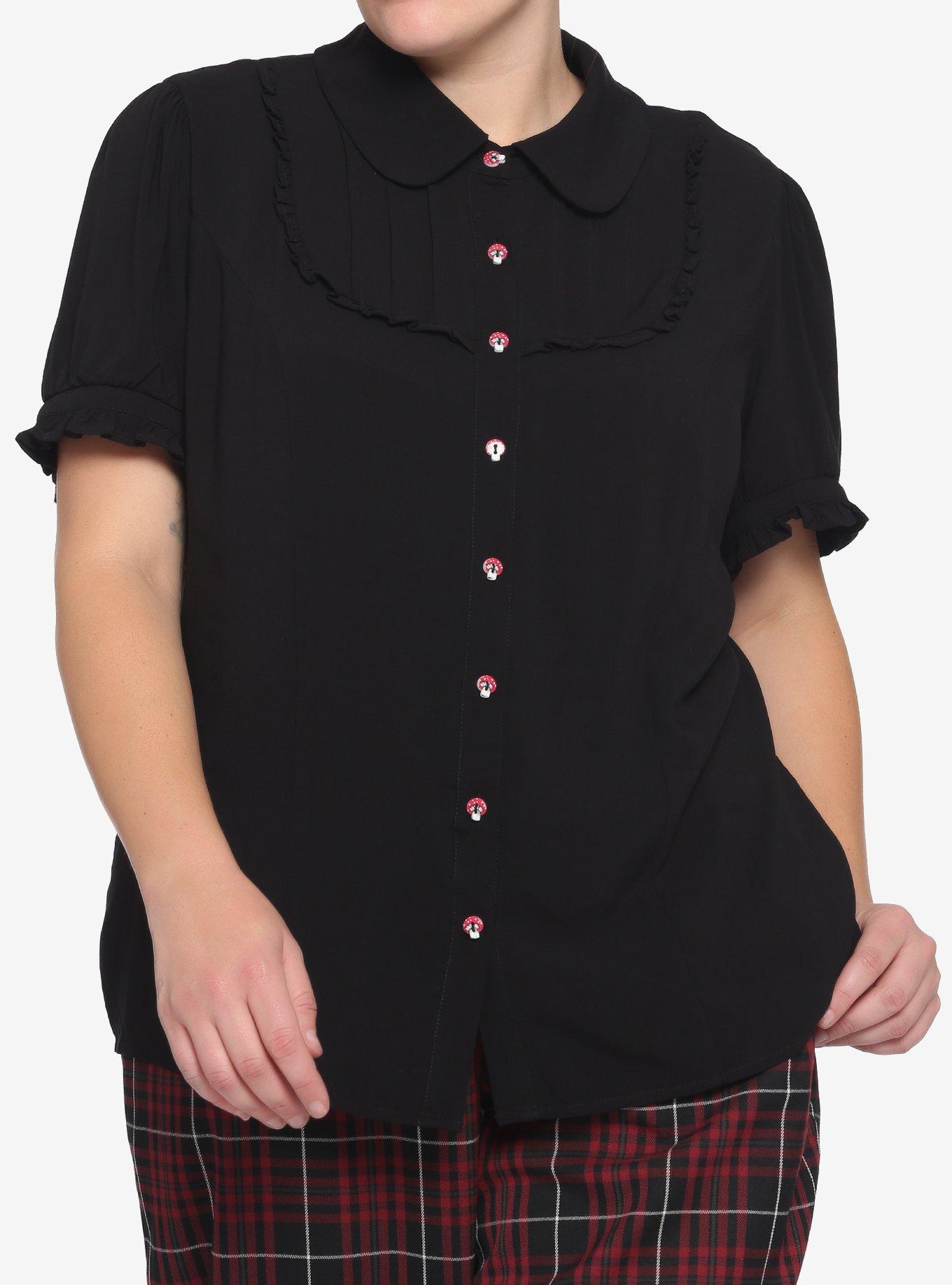 Black Bibbed Mushroom Buttons Girls Woven Button-Up Plus Size, BLACK, hi-res