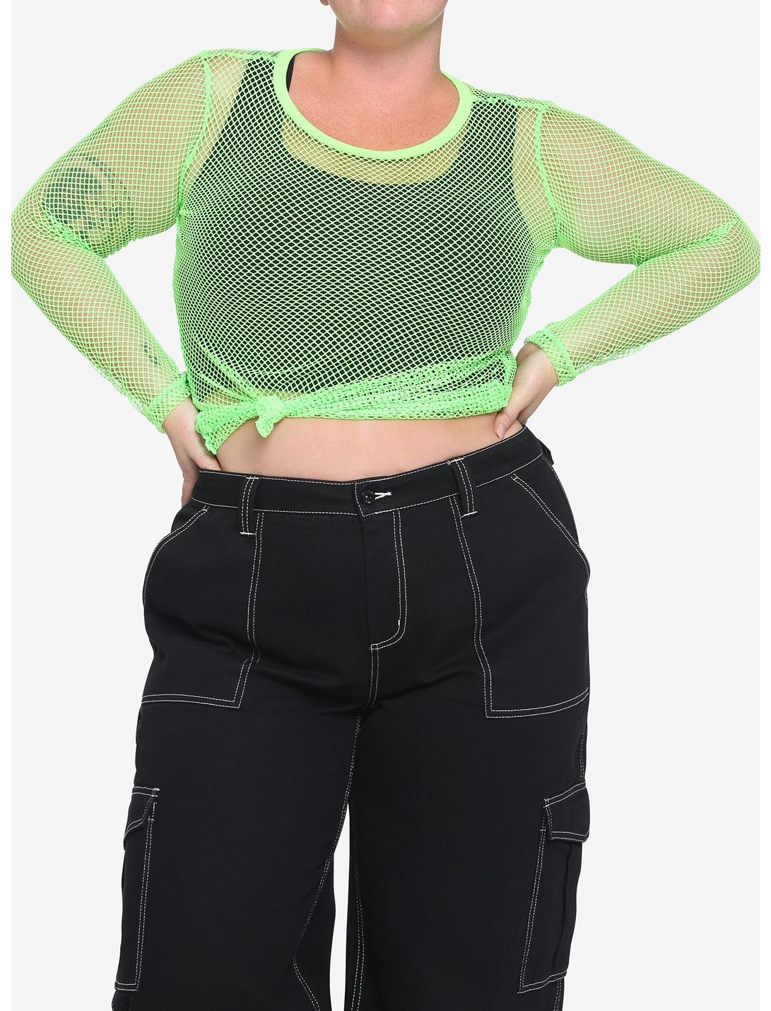 Neon Green Fishnet Long-Sleeve Girls Top Plus Size, GREEN, hi-res