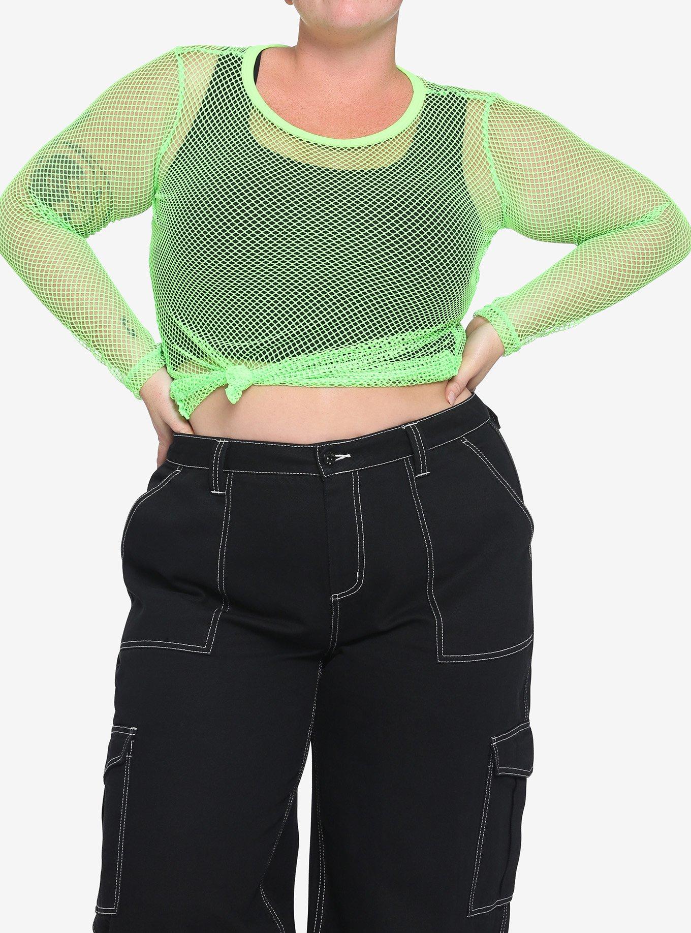 Neon Green Fishnet Long-Sleeve Girls Top Plus Size, GREEN, hi-res