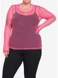 Neon Pink Stretchy Fishnet Girls Long-Sleeve Top Plus Size, PINK, hi-res