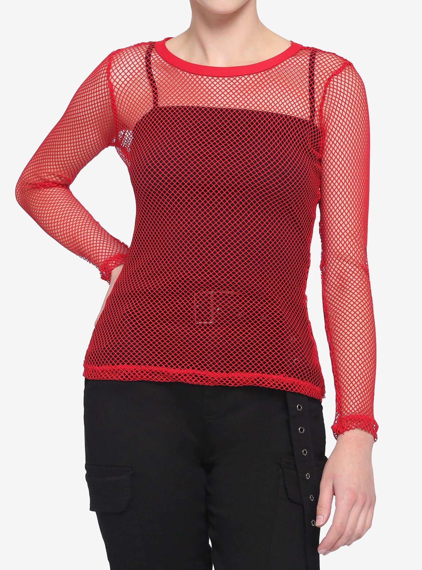 Red Fishnet Girls Long-Sleeve Top, RED, hi-res