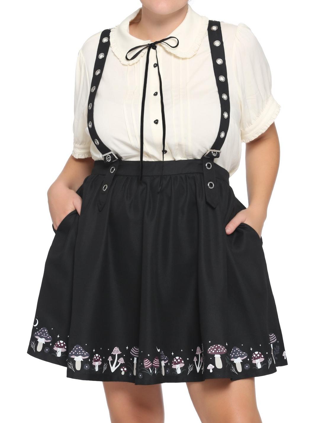 Mushroom Border Grommet Suspender Skirt Plus Size, BLACK, hi-res