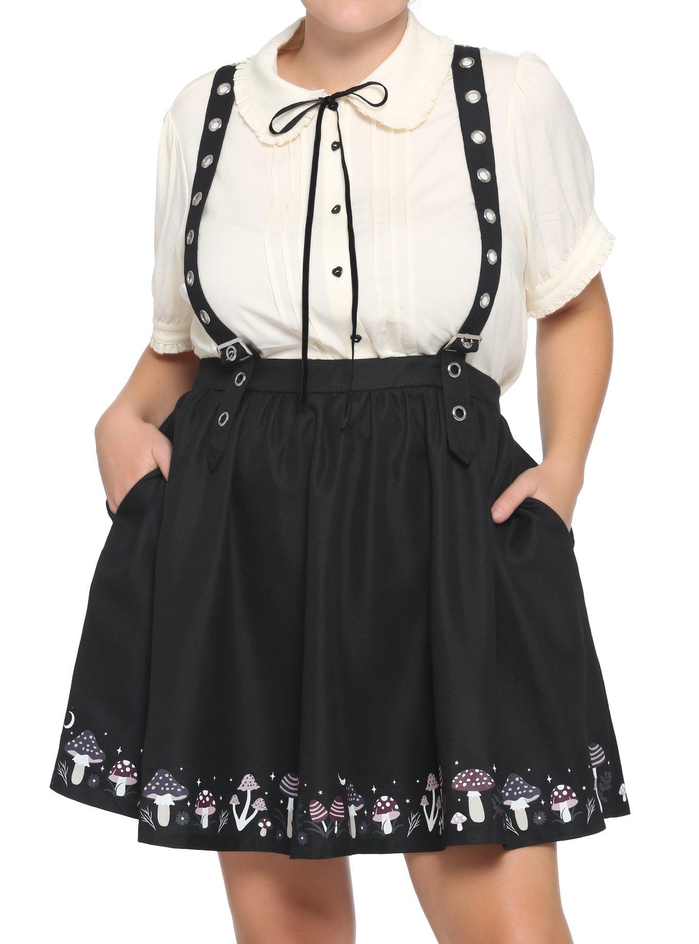 Mushroom Border Grommet Suspender Skirt Plus Size, BLACK, hi-res