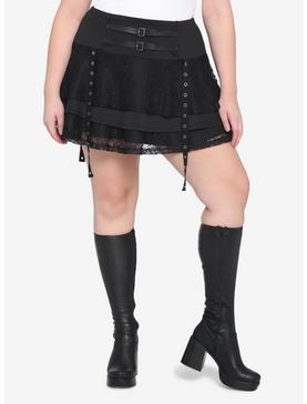 Black Lace Layered Buckle Mini Skirt Plus Size, , hi-res