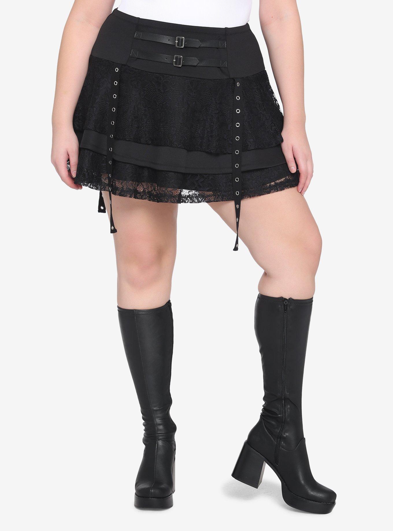 Black Lace Layered Buckle Mini Skirt Plus Size | Hot Topic