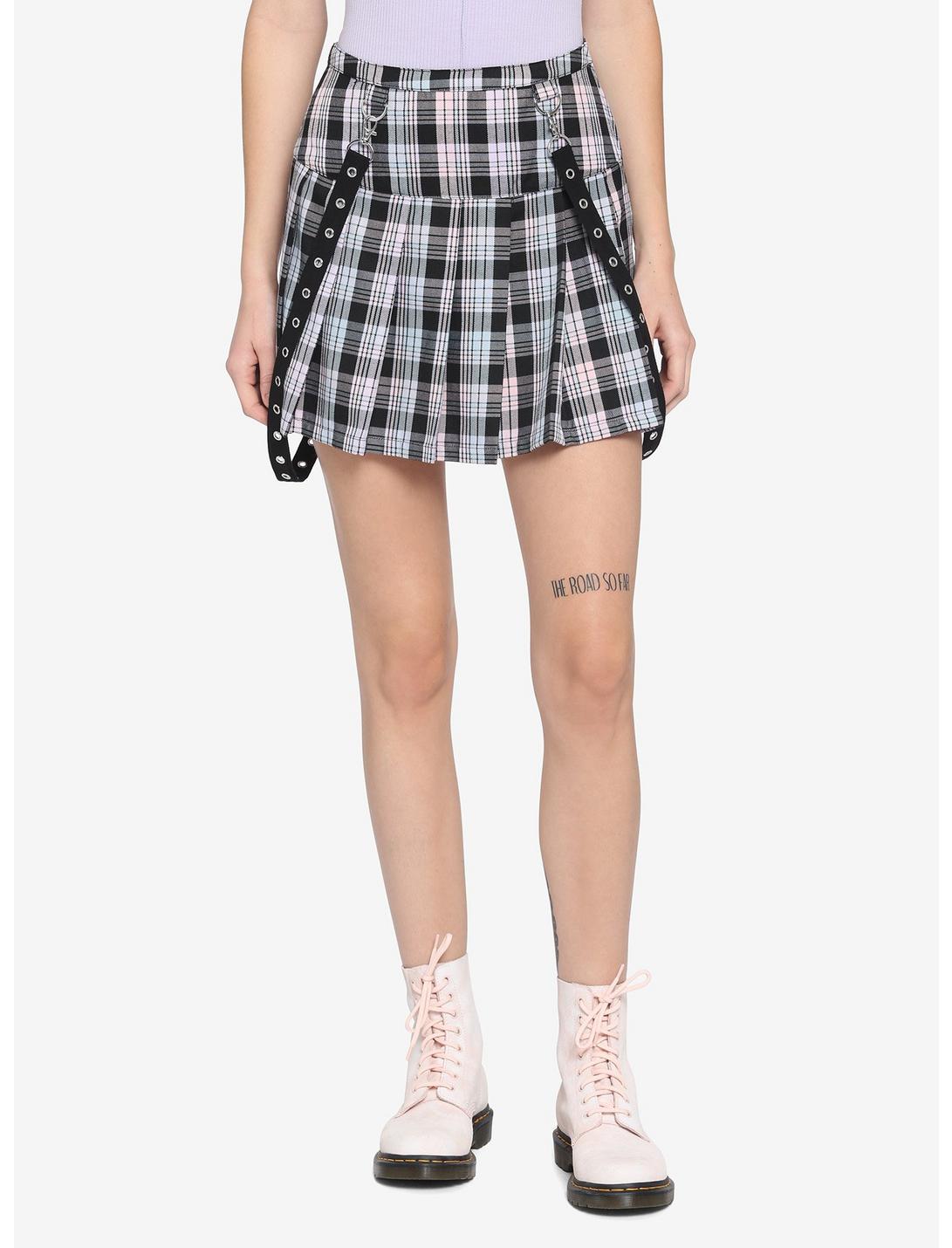 Pastel Plaid Grommet Suspender Skirt, PLAID - MULTI, hi-res