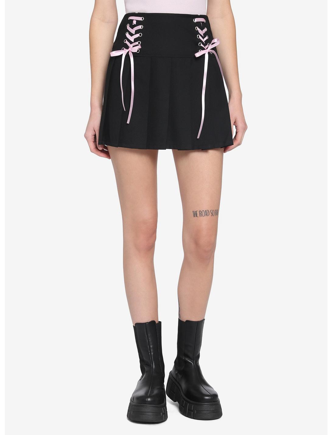 Black & Pink Lace-Up Skirt, BLACK, hi-res