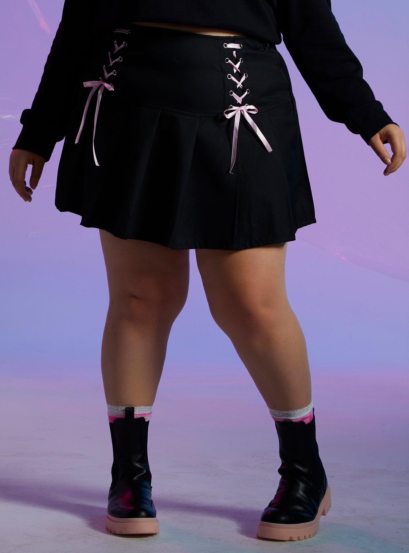 Black & Pink Lace-Up Skirt Plus Size, BLACK, hi-res