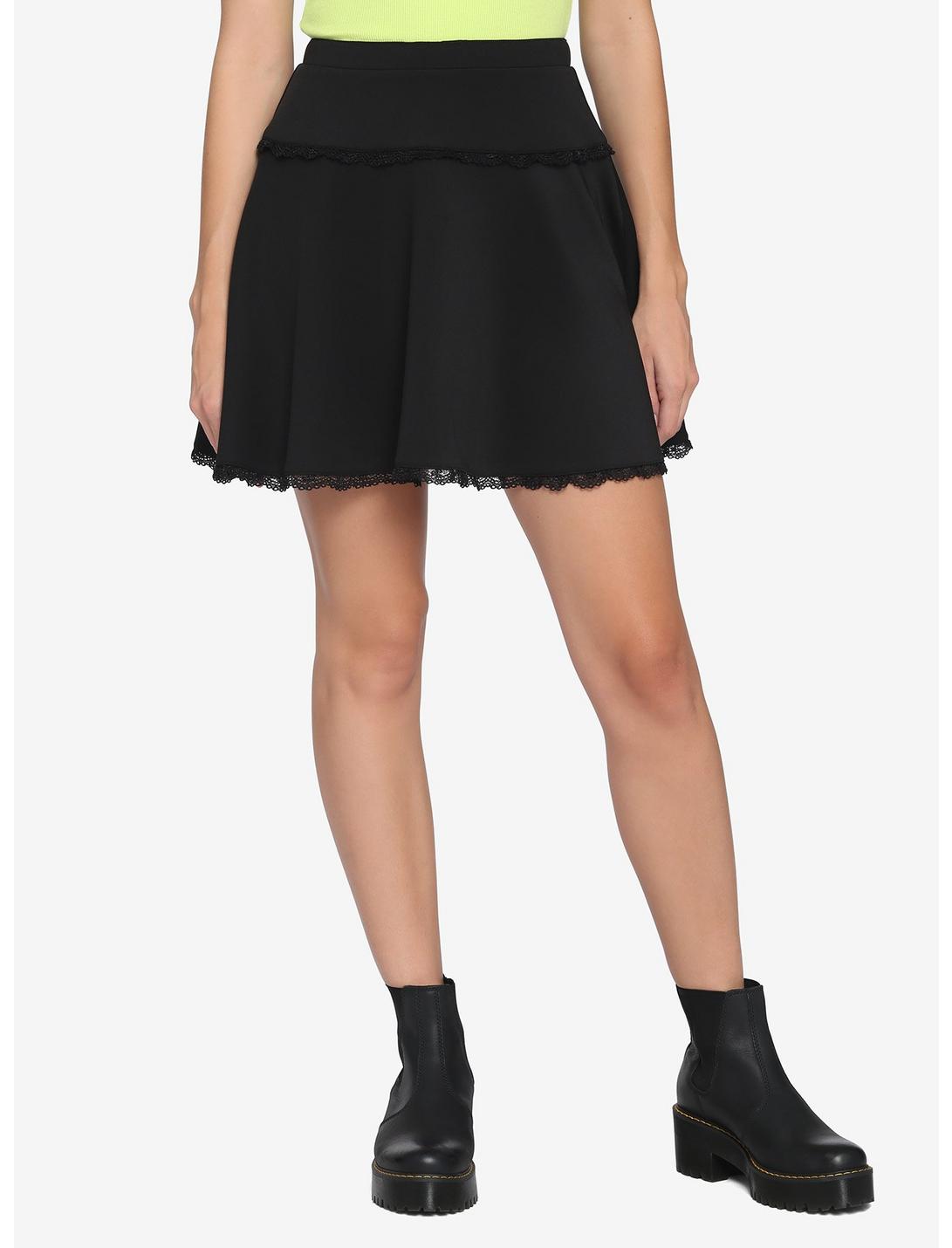 Black Wide Yoke Lace Trim Skirt, BLACK, hi-res