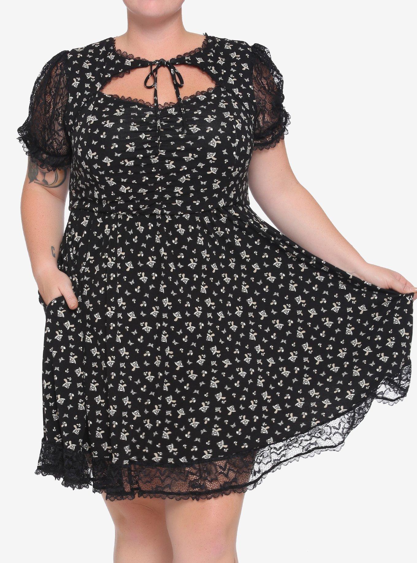 Mushroom & Butterfly Henley Dress Plus Size, BLACK, hi-res