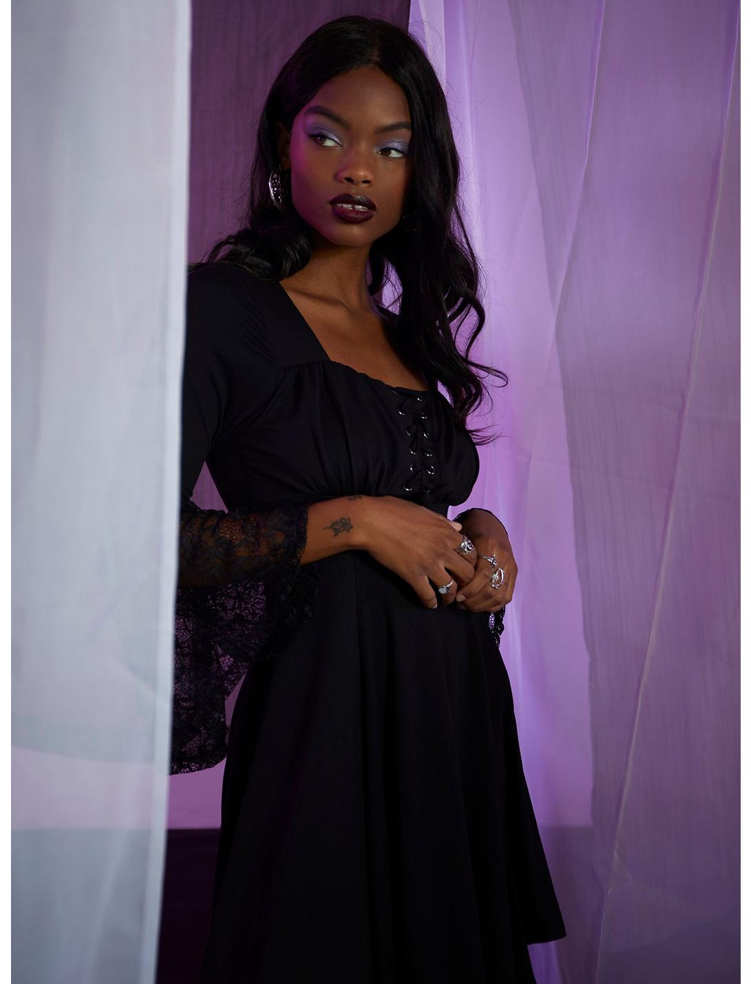 Black Empire Waist Lace Sleeve Dress, BLACK, hi-res