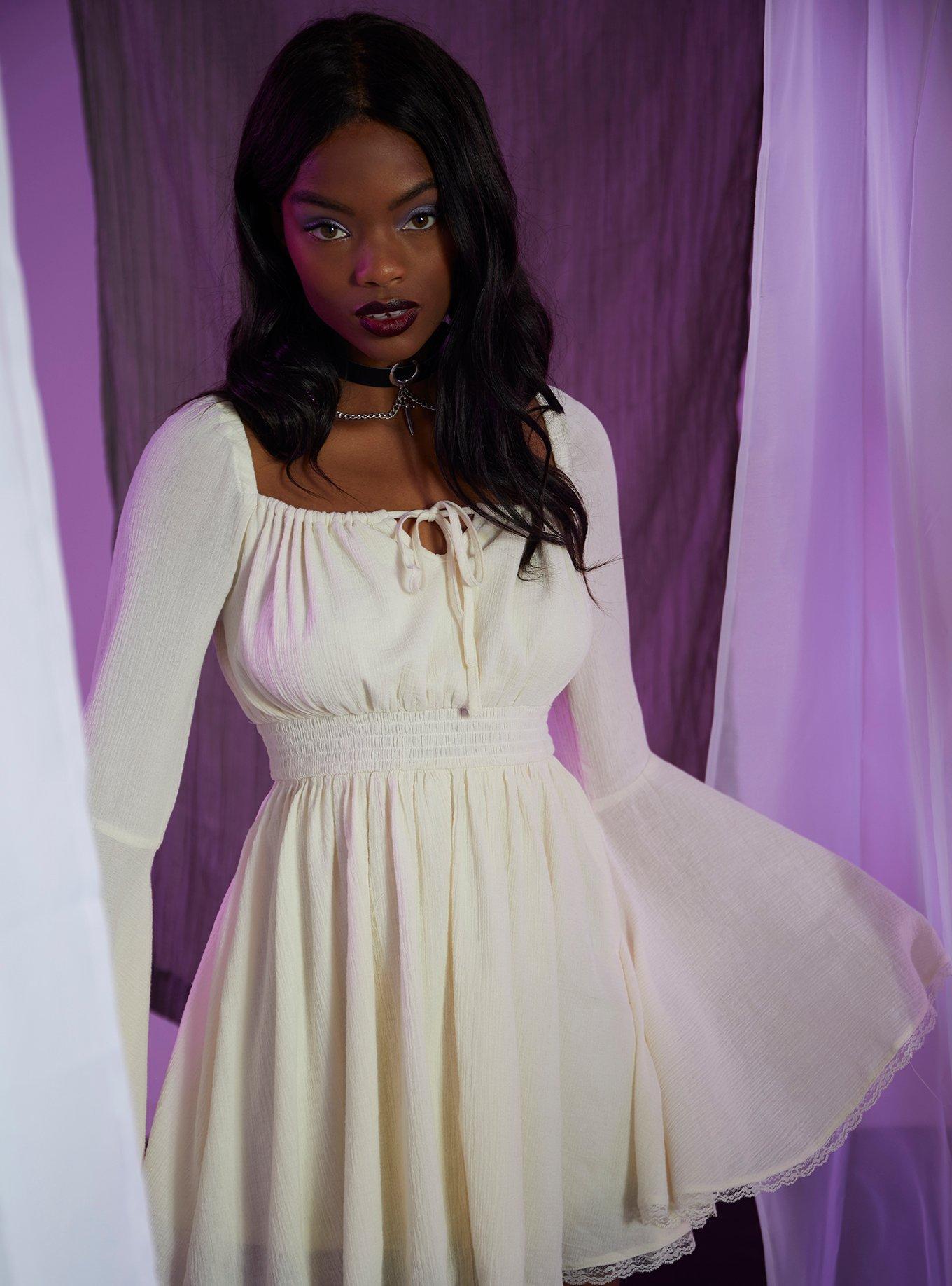 Cream Bell Sleeve Smocked Dress, VANILLA ICE, hi-res