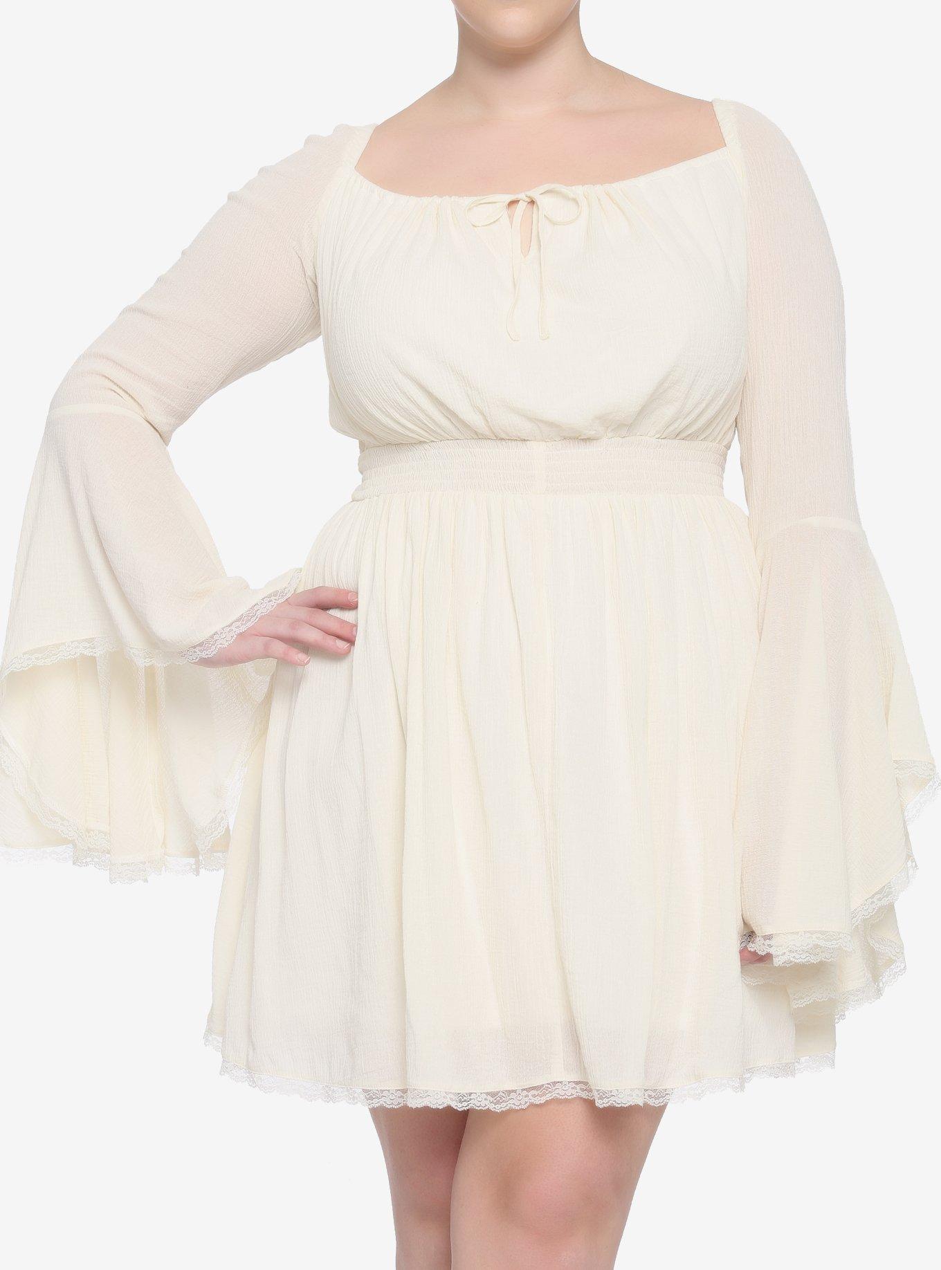 Cream Bell Sleeve Smocked Dress Plus Size, , hi-res