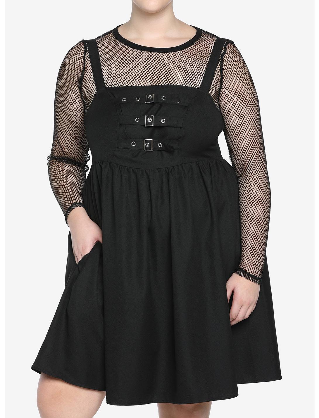 Black Multi-Buckle Front Pinafore Dress Plus Size, BLACK, hi-res