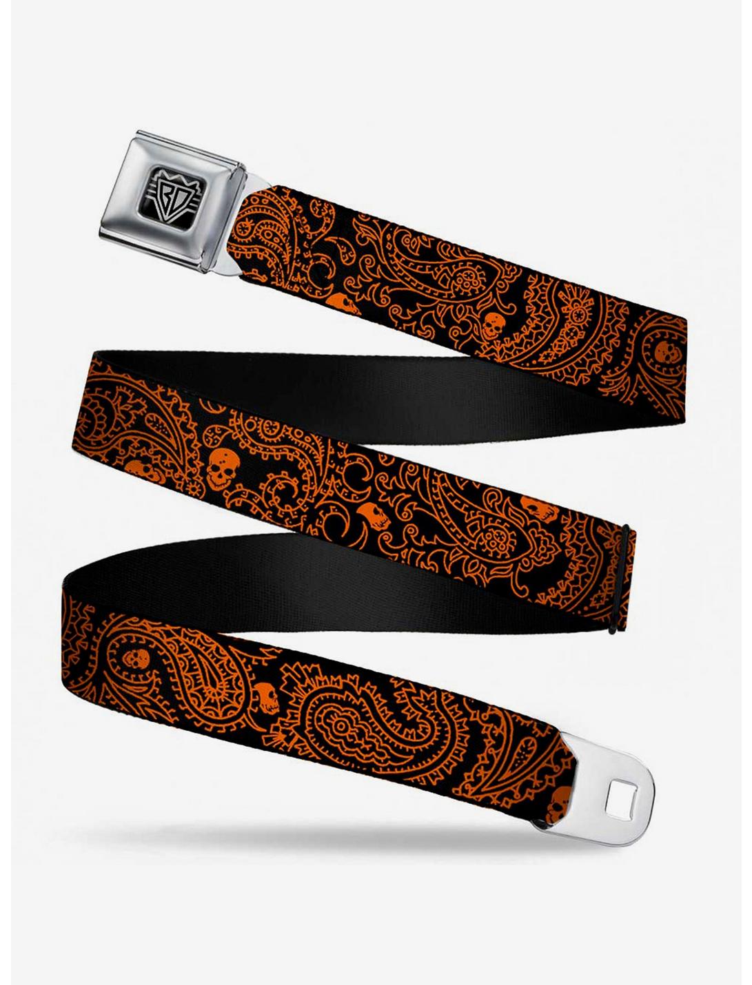 Bandana Skull Print Seatbelt Belt Black Orange, ORANGE, hi-res