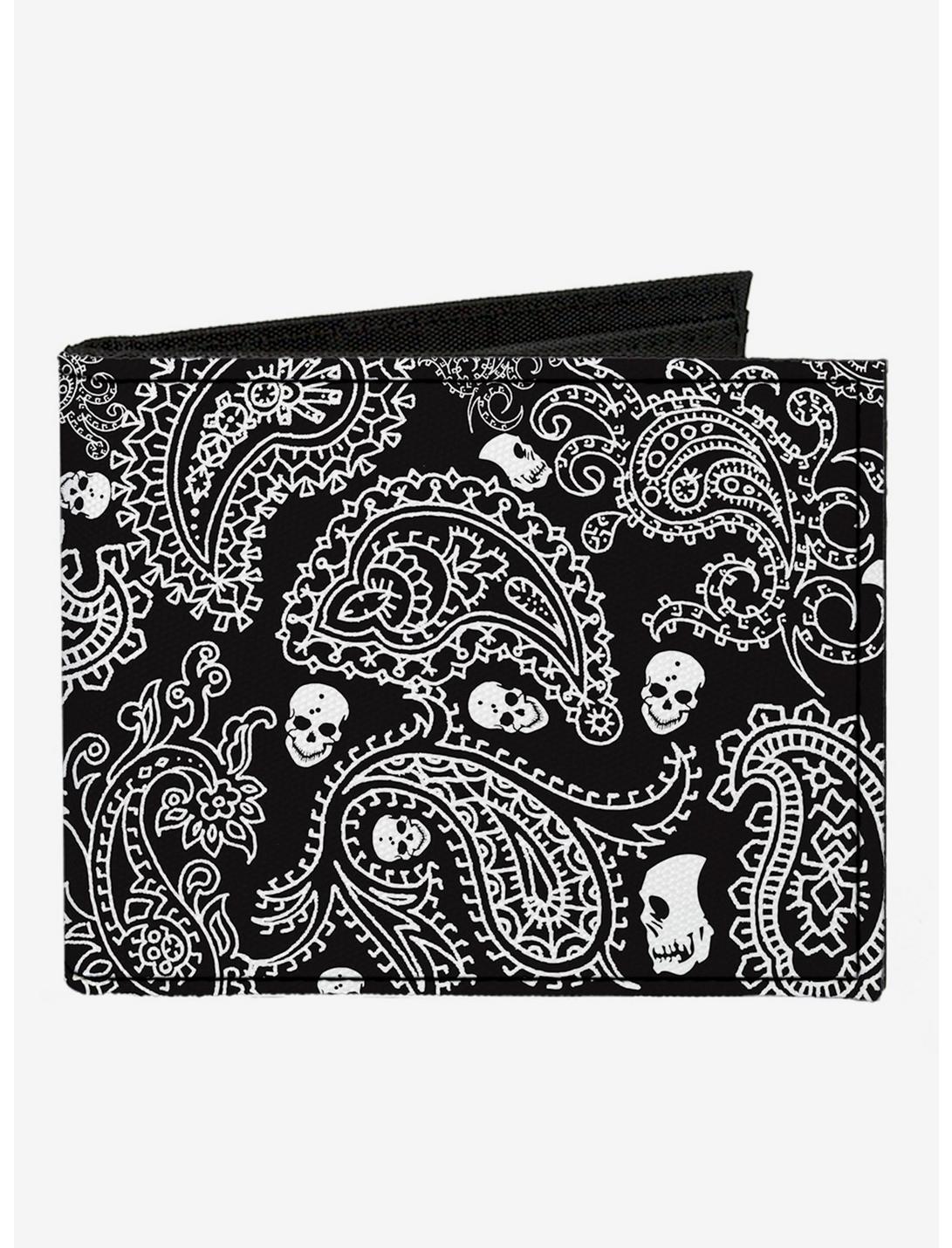 Bandana Skull Print Canvas Bifold Wallet Black White, , hi-res