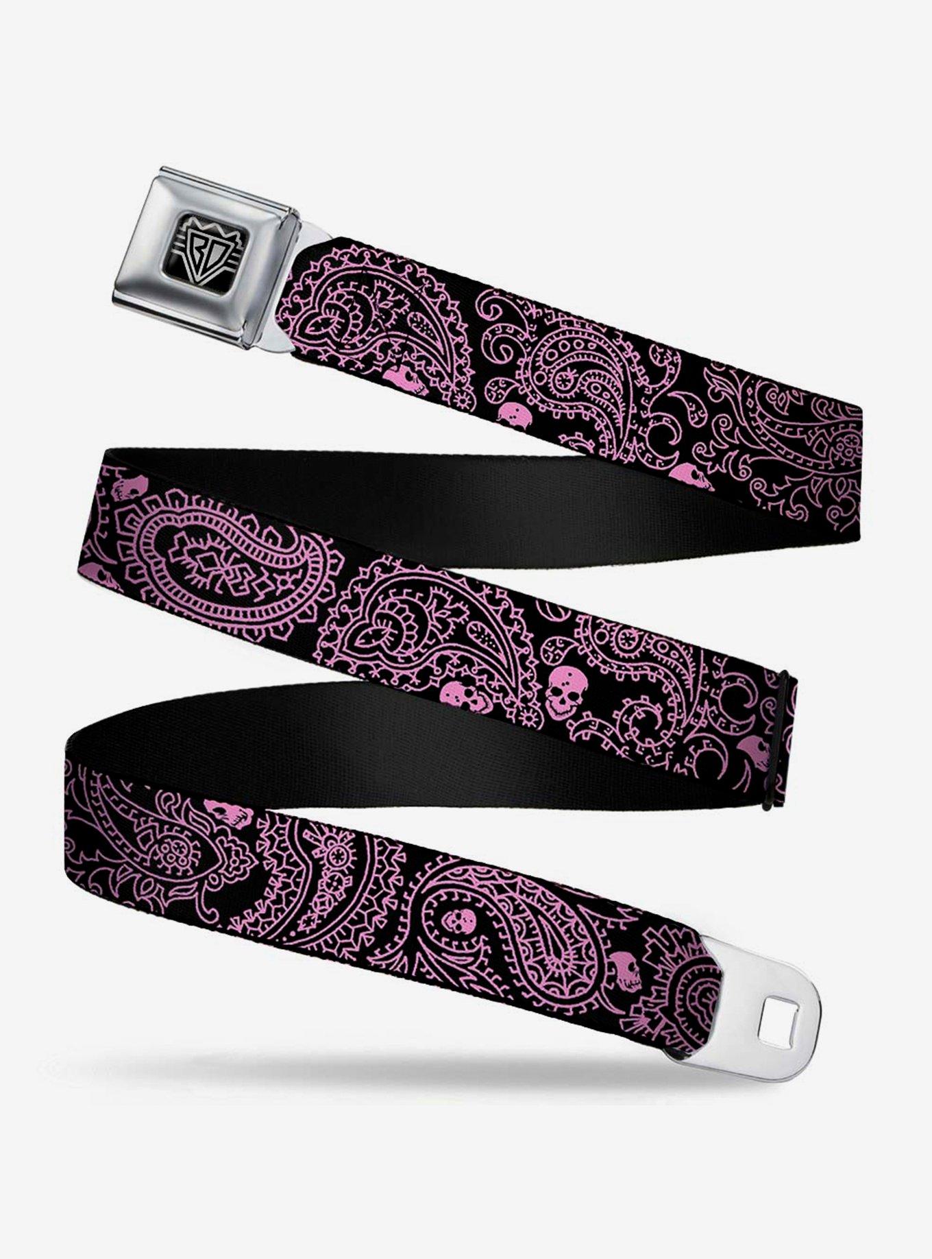 Bandana Skull Print Seatbelt Belt Black Pink, PINK, hi-res