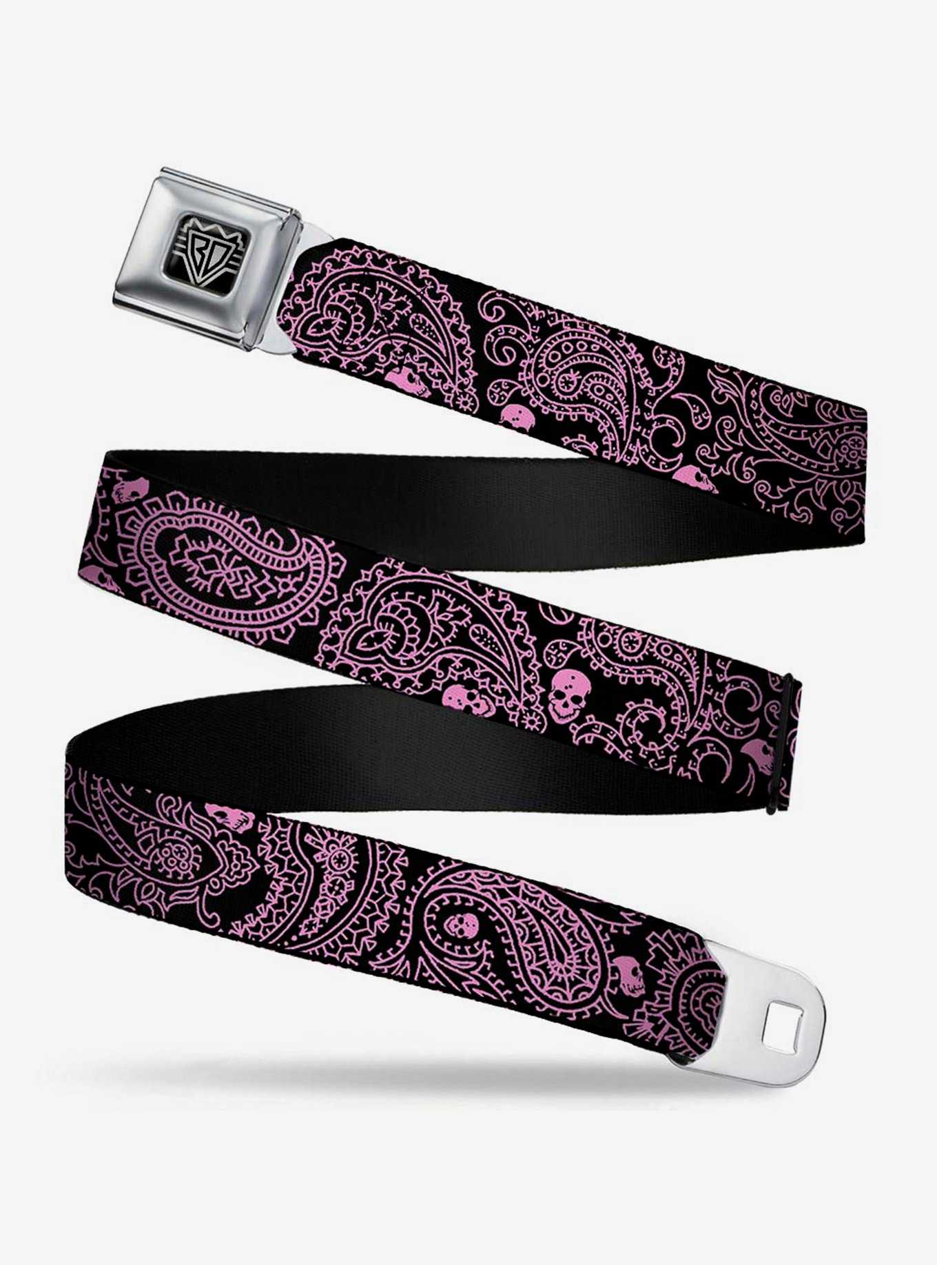Bandana Skull Print Seatbelt Belt Black Pink, , hi-res