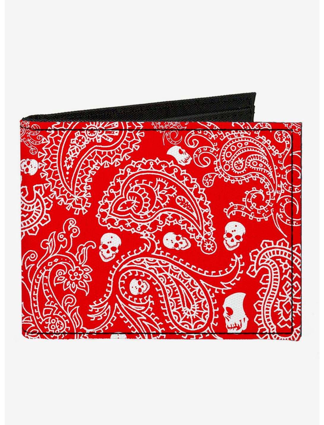 Bandana Skull Print Canvas Bifold Wallet Red White, , hi-res