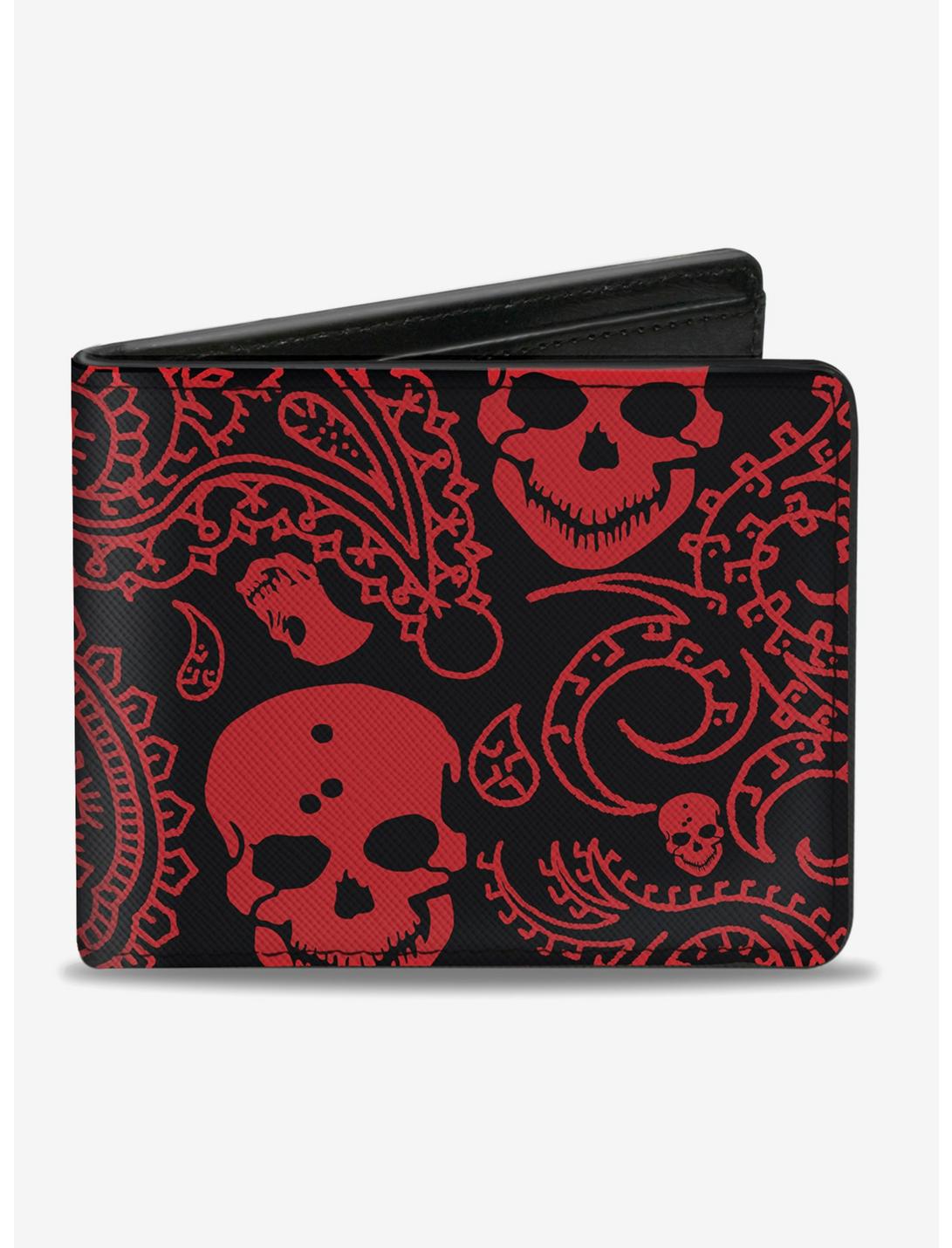 Bandana Skull Print Bifold Wallet Black Red, , hi-res