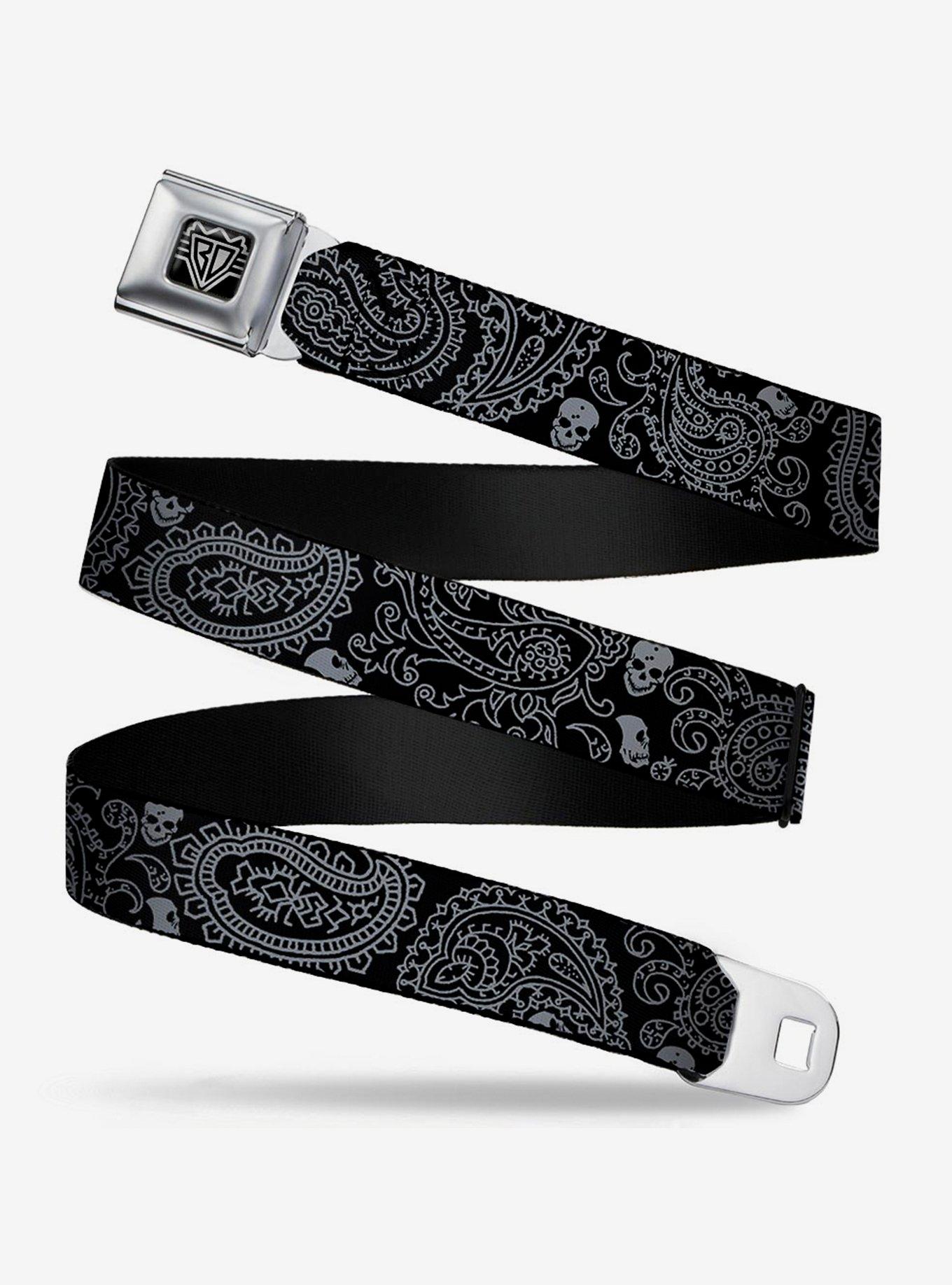 Bandana Skull Print Seatbelt Belt Black Silver