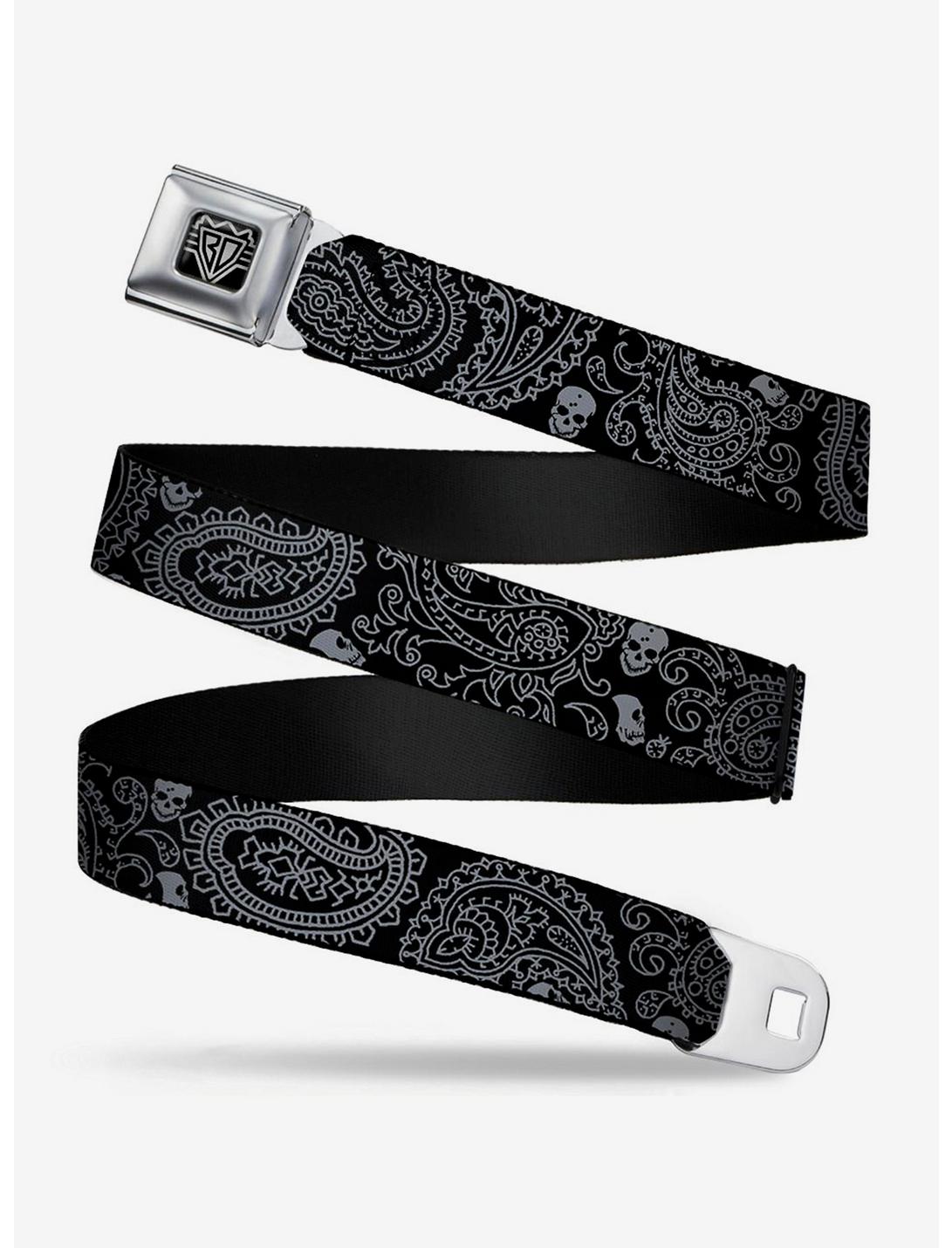 Bandana Skull Print Seatbelt Belt Black Silver, SILVER, hi-res