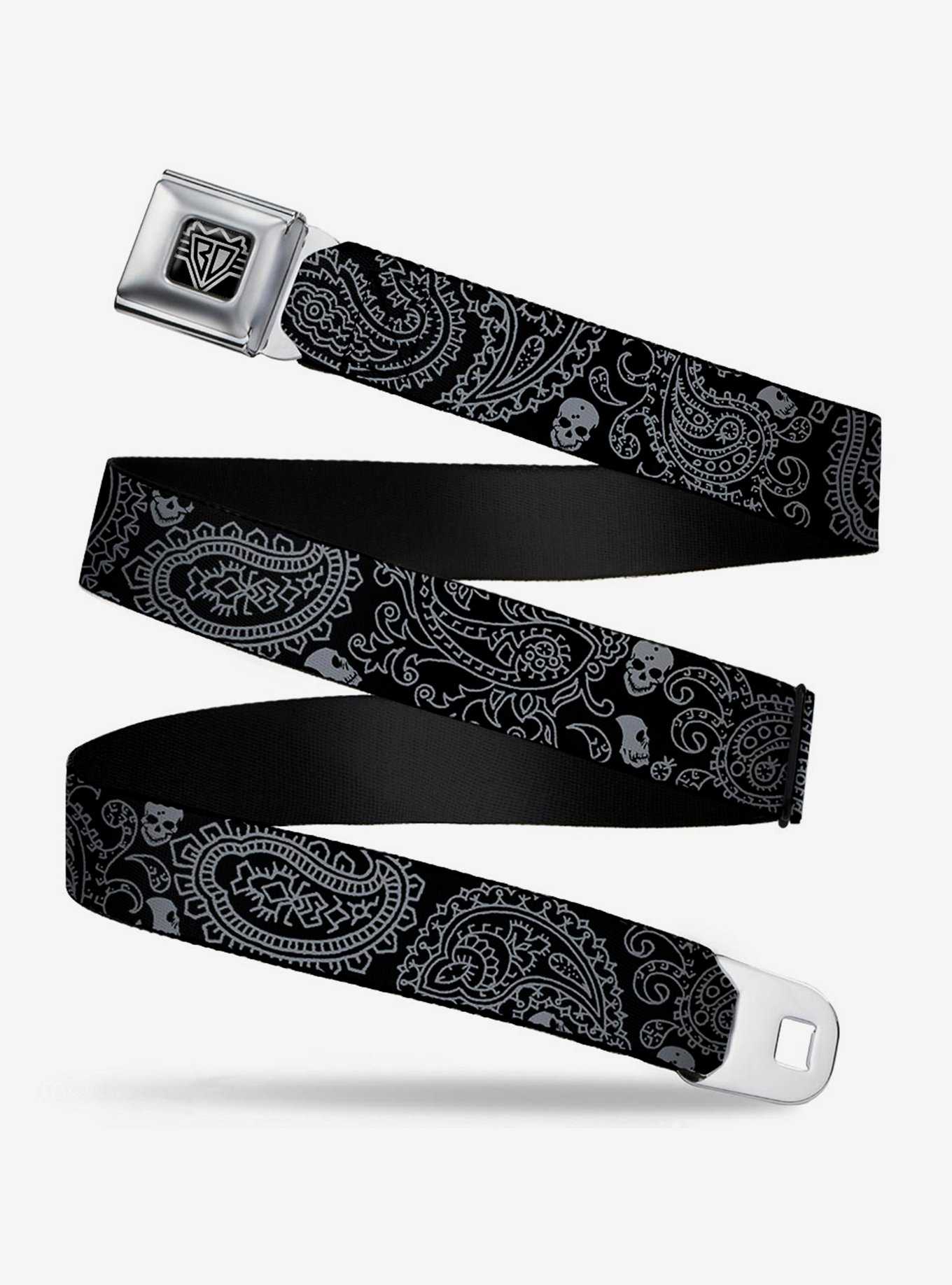 Bandana Skull Print Seatbelt Belt Black Silver, , hi-res
