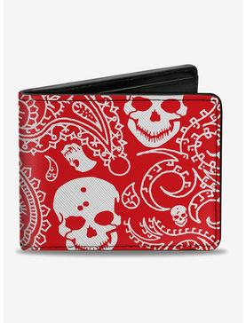 Bandana Skull Print Bifold Wallet Red White, , hi-res