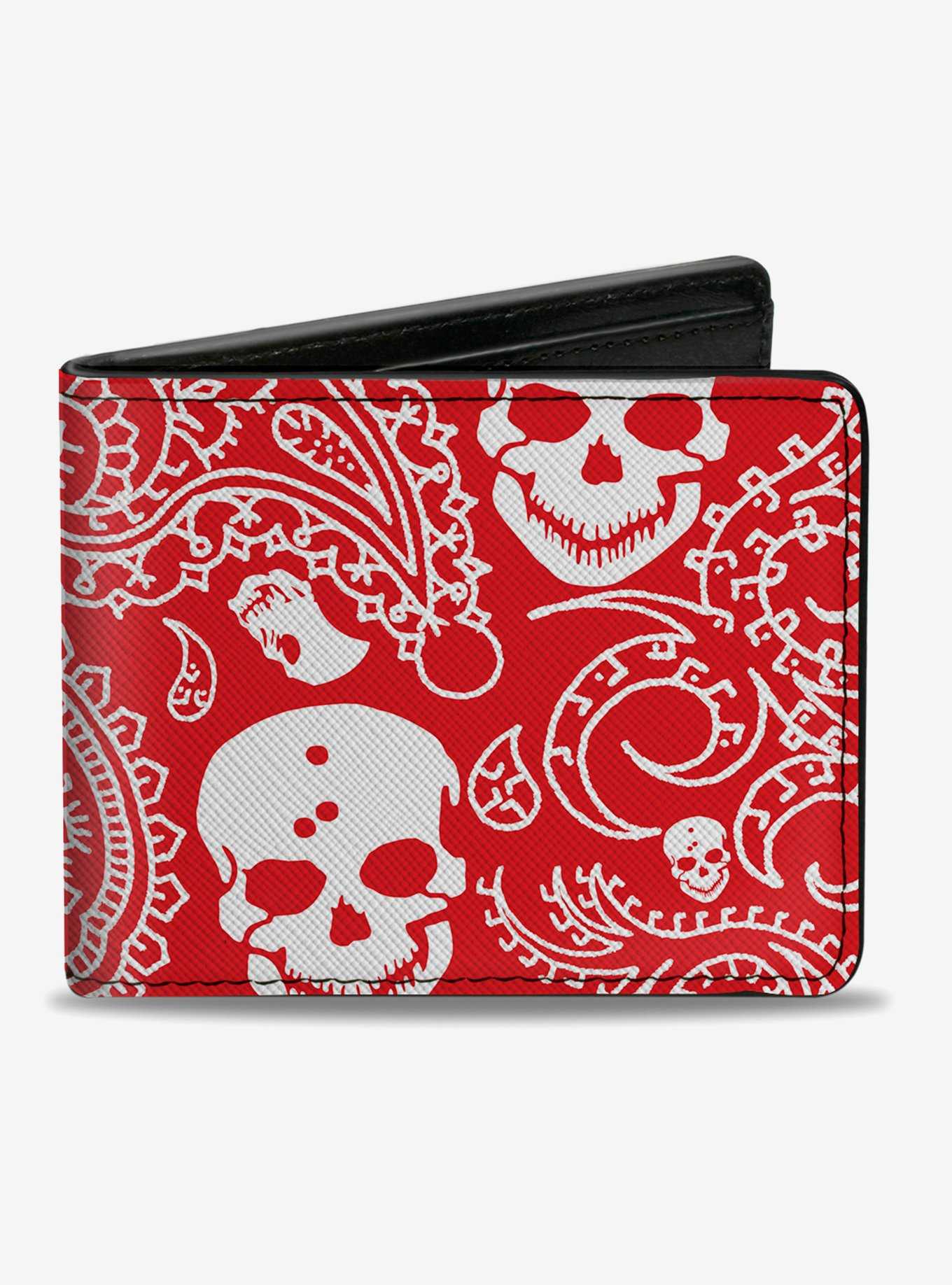 Bandana Skull Print Bifold Wallet Red White, , hi-res