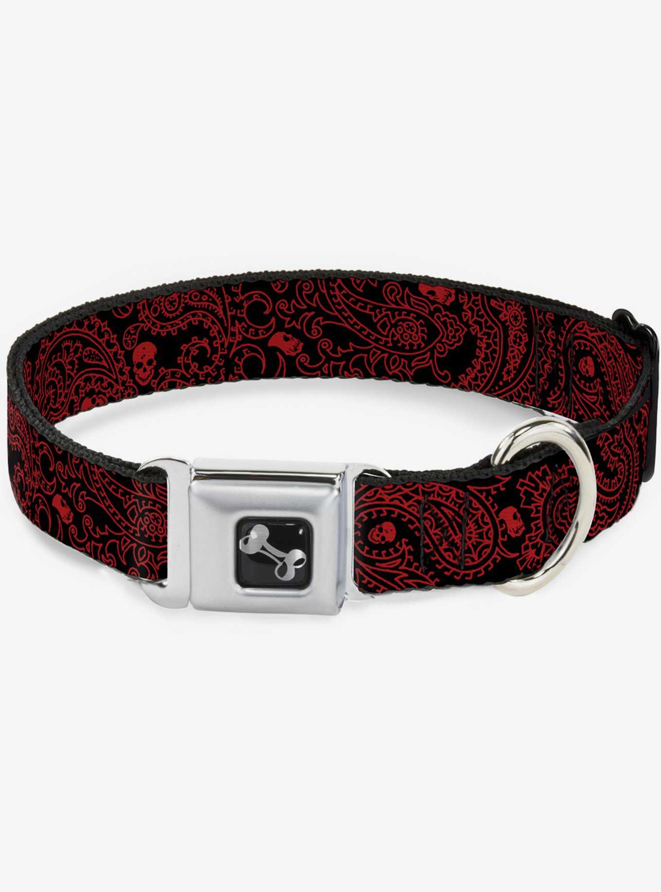 Bandana Skull Print Seatbelt Dog Collar Black Red, , hi-res