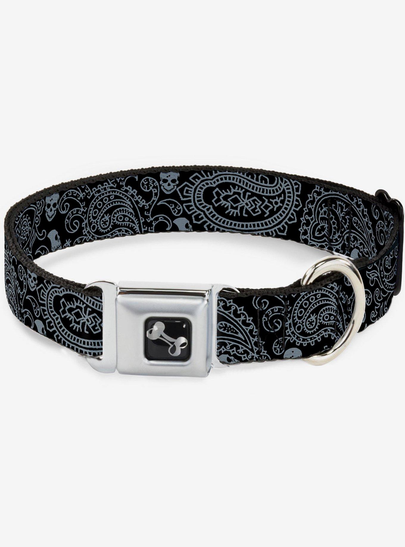 Bandana Skull Print Seatbelt Dog Collar Black Silver, SILVER, hi-res