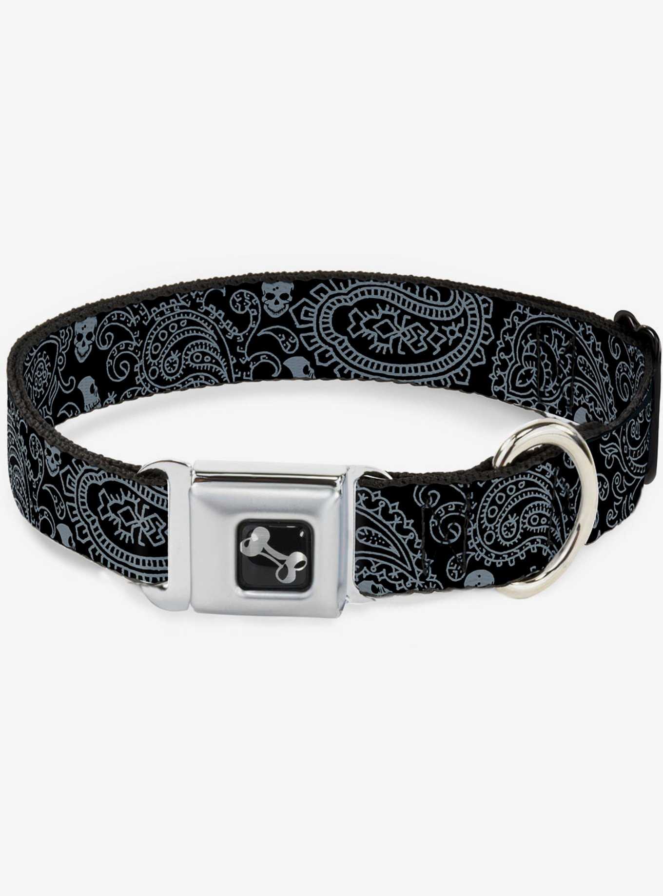 Bandana Skull Print Seatbelt Dog Collar Black Silver, , hi-res