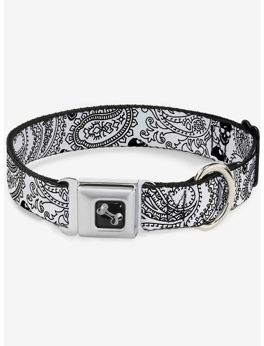 Bandana Skull Print Seatbelt Dog Collar White Black, BLACK, hi-res
