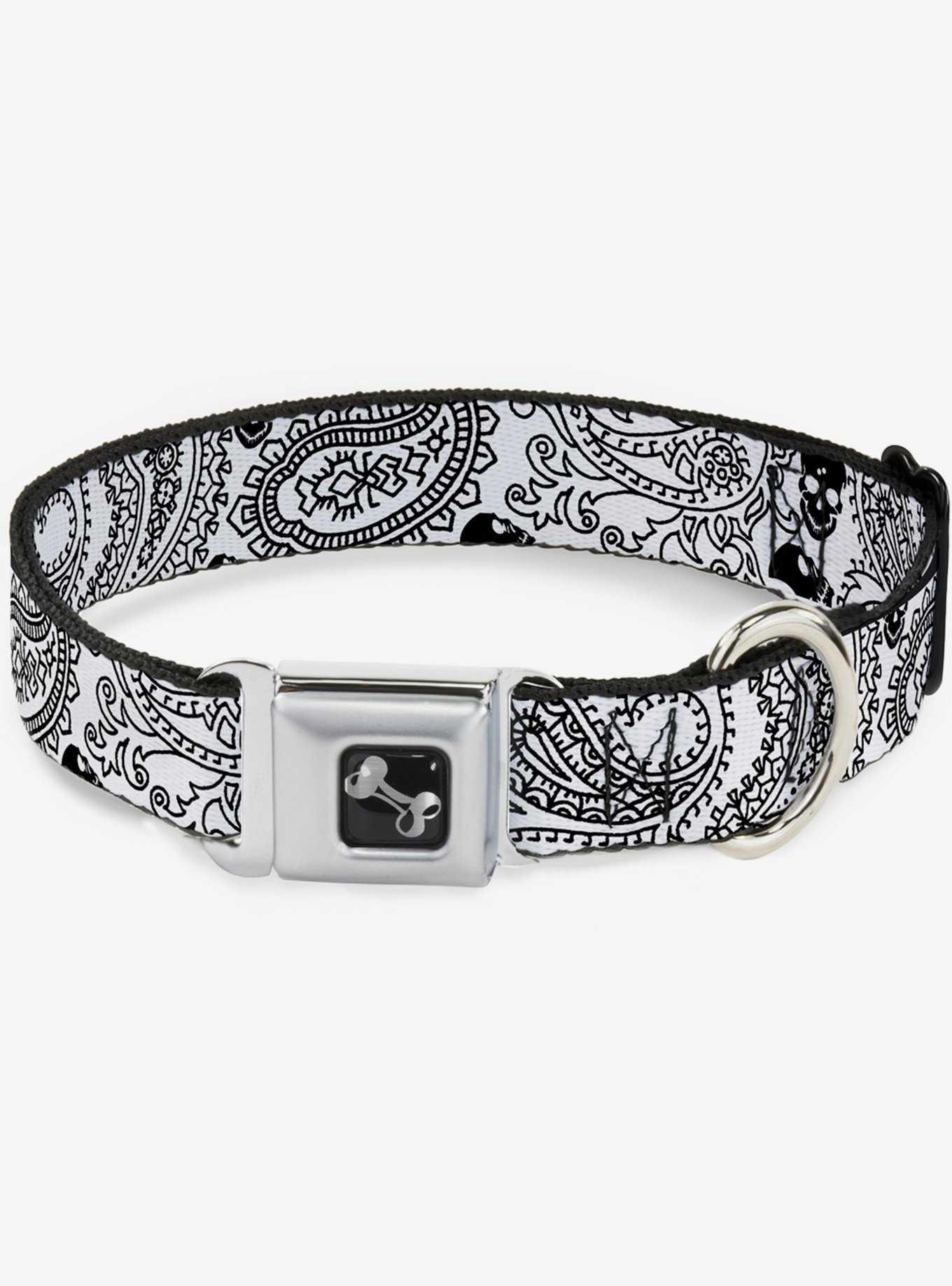 Bandana Skull Print Seatbelt Dog Collar White Black, , hi-res