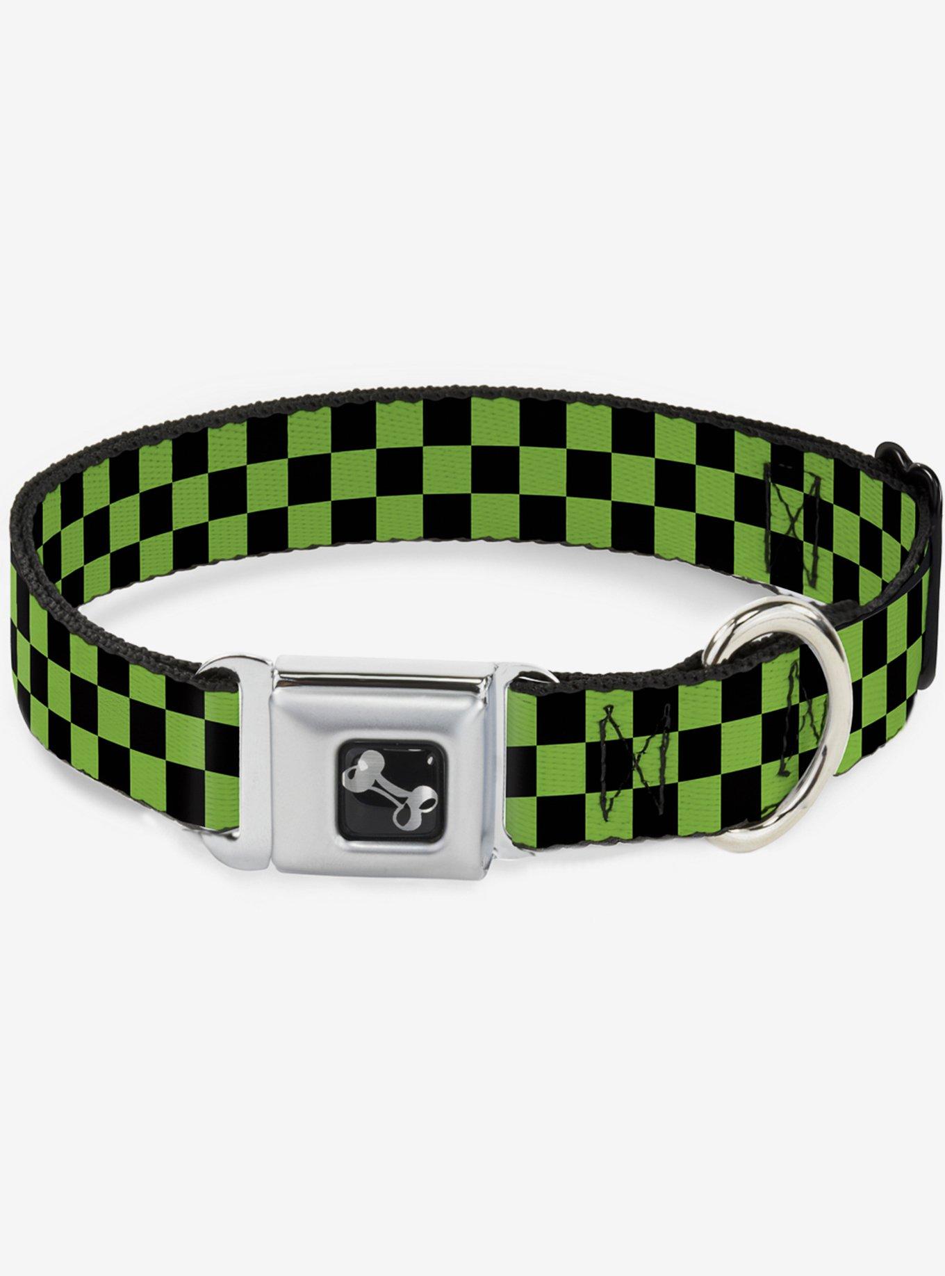 Checker Print Seatbelt Dog Collar Neon Green, GREEN, hi-res