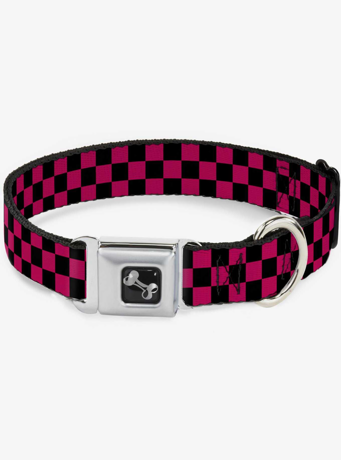 Checker Print Seatbelt Dog Collar Neon Pink, , hi-res