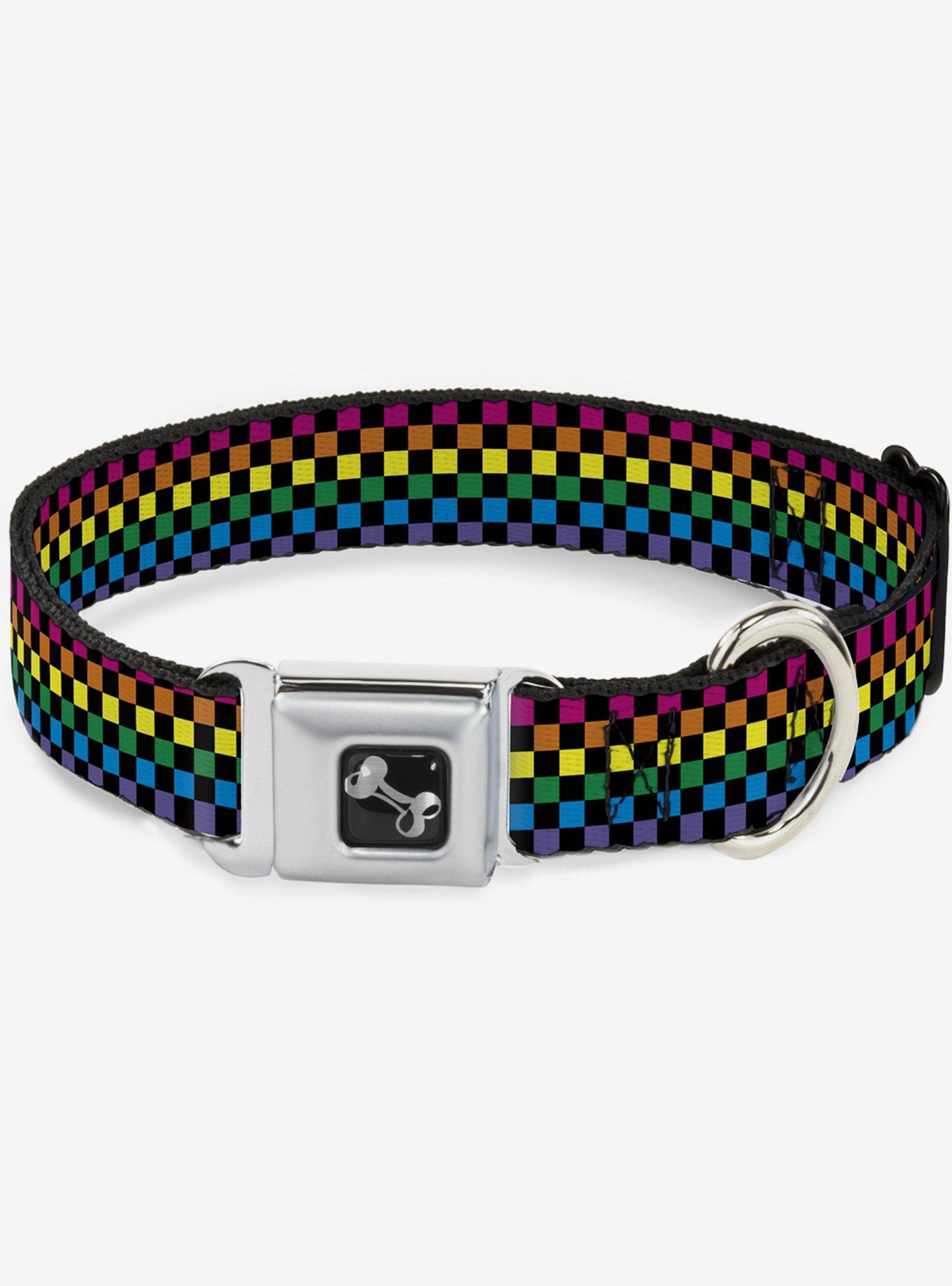Checker Print Seatbelt Dog Collar Neon Rainbow, , hi-res
