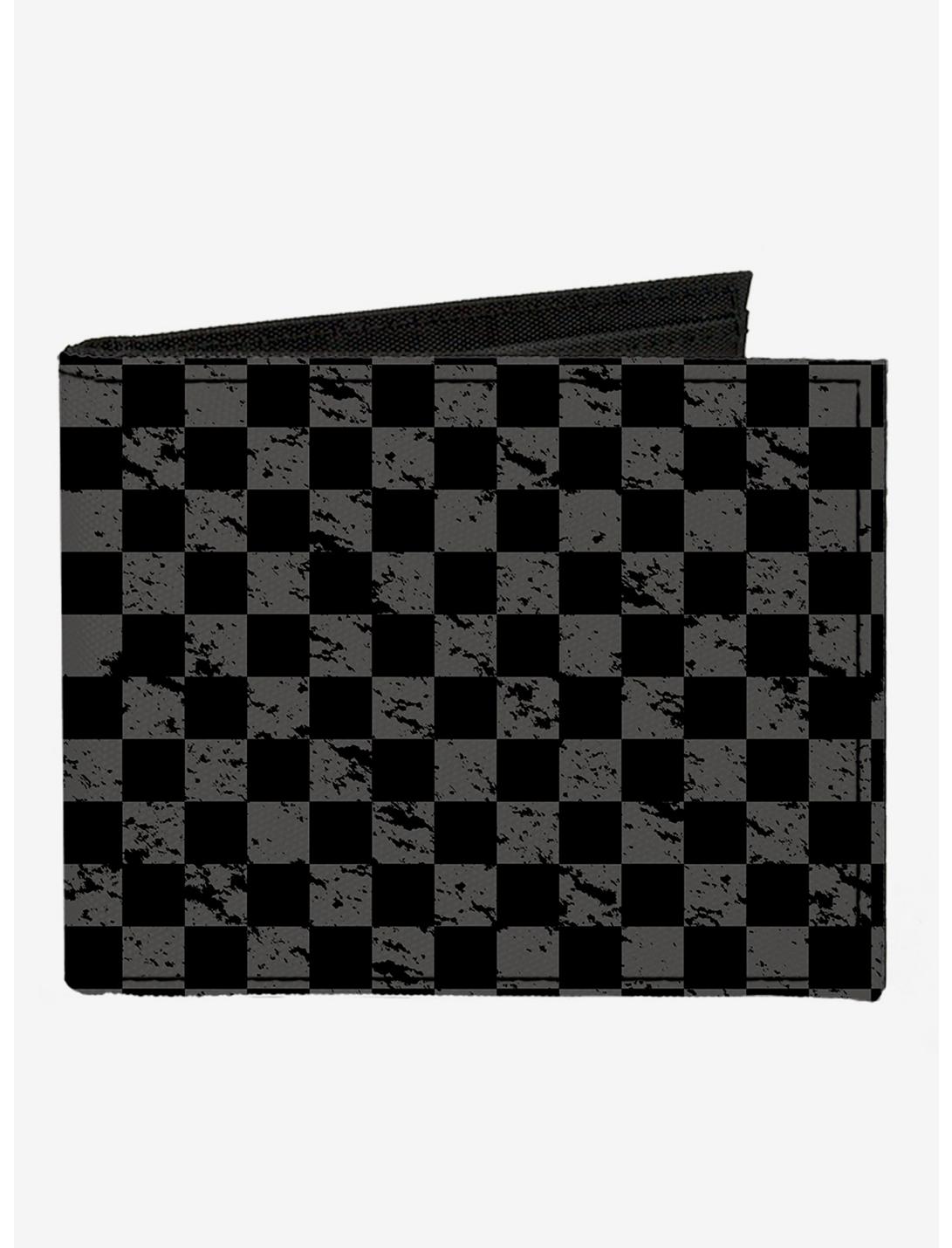 Distressed Checker Print Canvas Bifold Wallet Gray, , hi-res