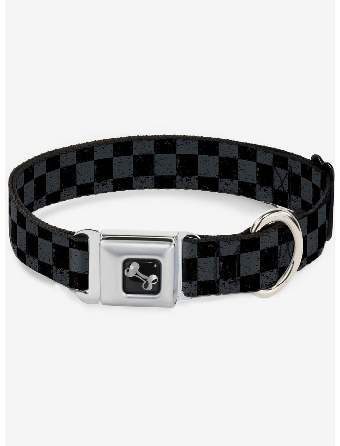 Distressed Checker Print Seatbelt Dog Collar Grey, GREY, hi-res