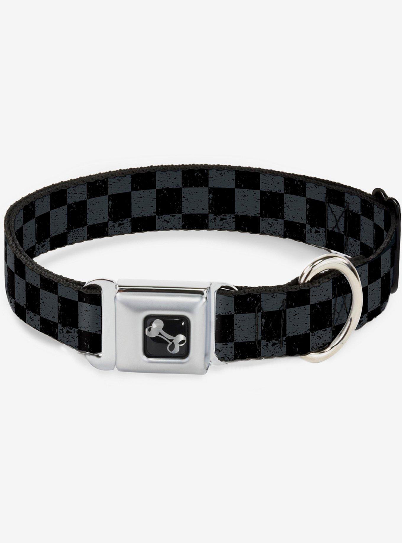 Distressed Checker Print Seatbelt Dog Collar Grey, GREY, hi-res