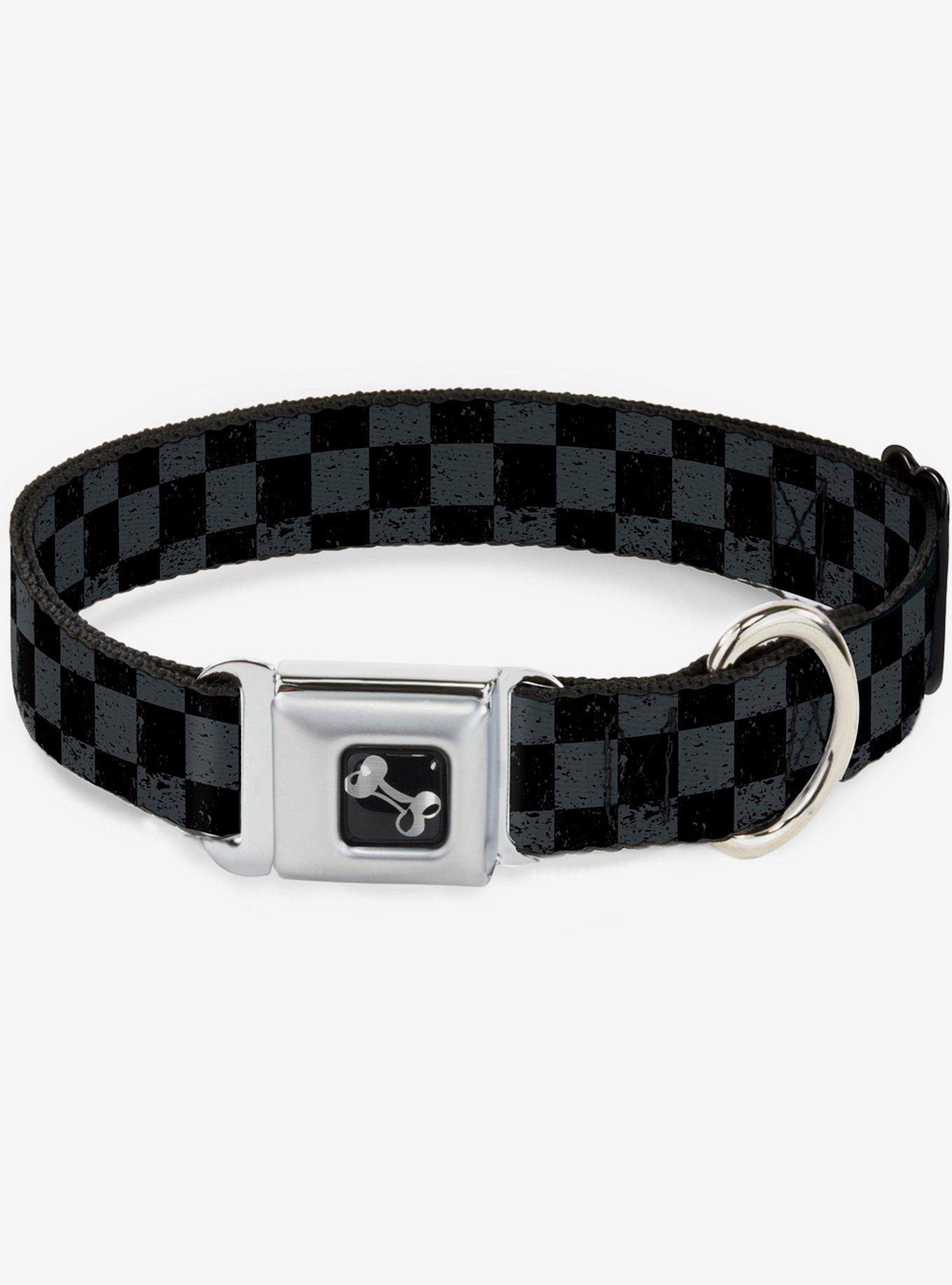 Distressed Checker Print Seatbelt Dog Collar Grey, , hi-res