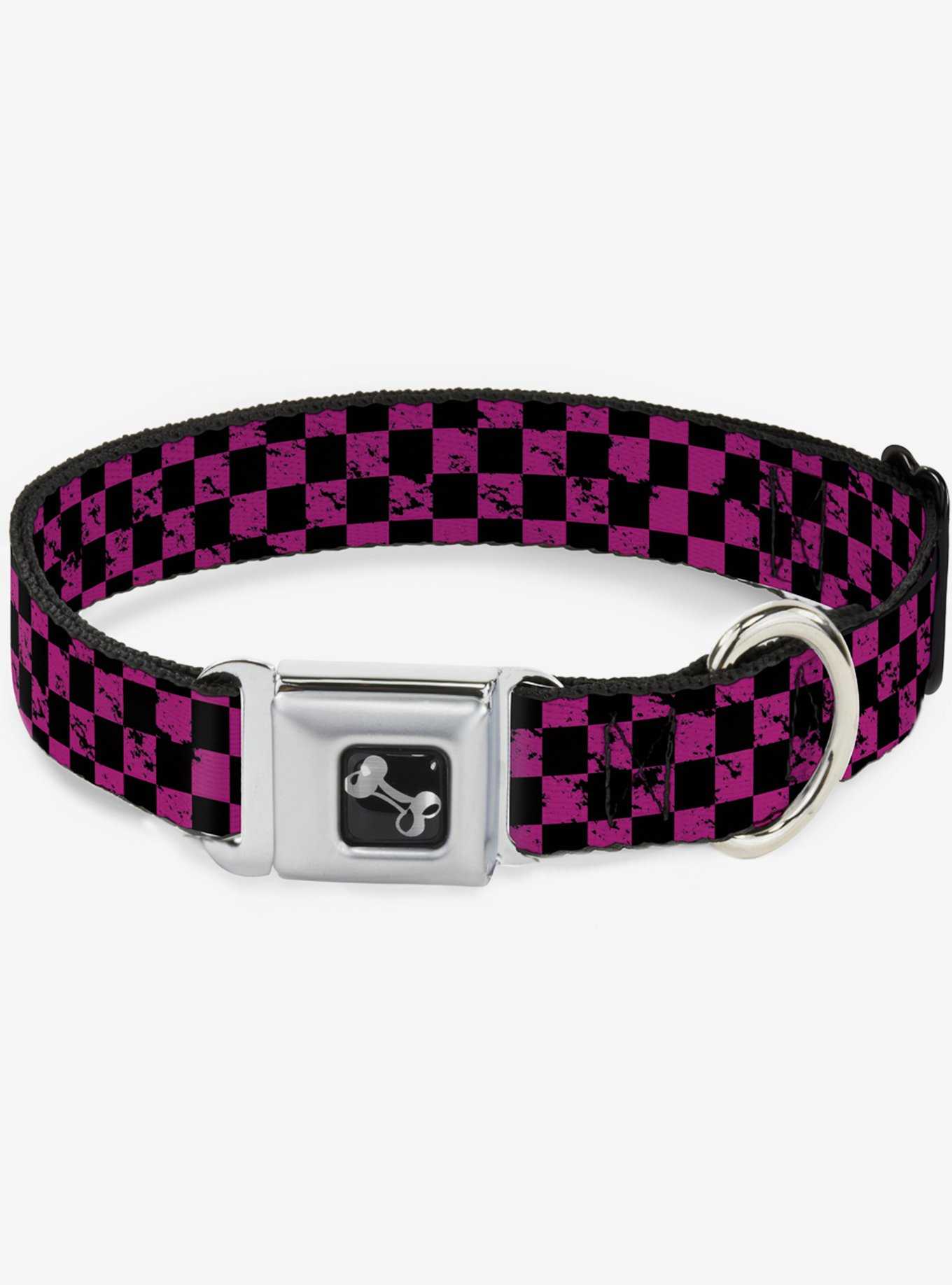 Distressed Checker Print Seatbelt Dog Collar Neon Pink, , hi-res