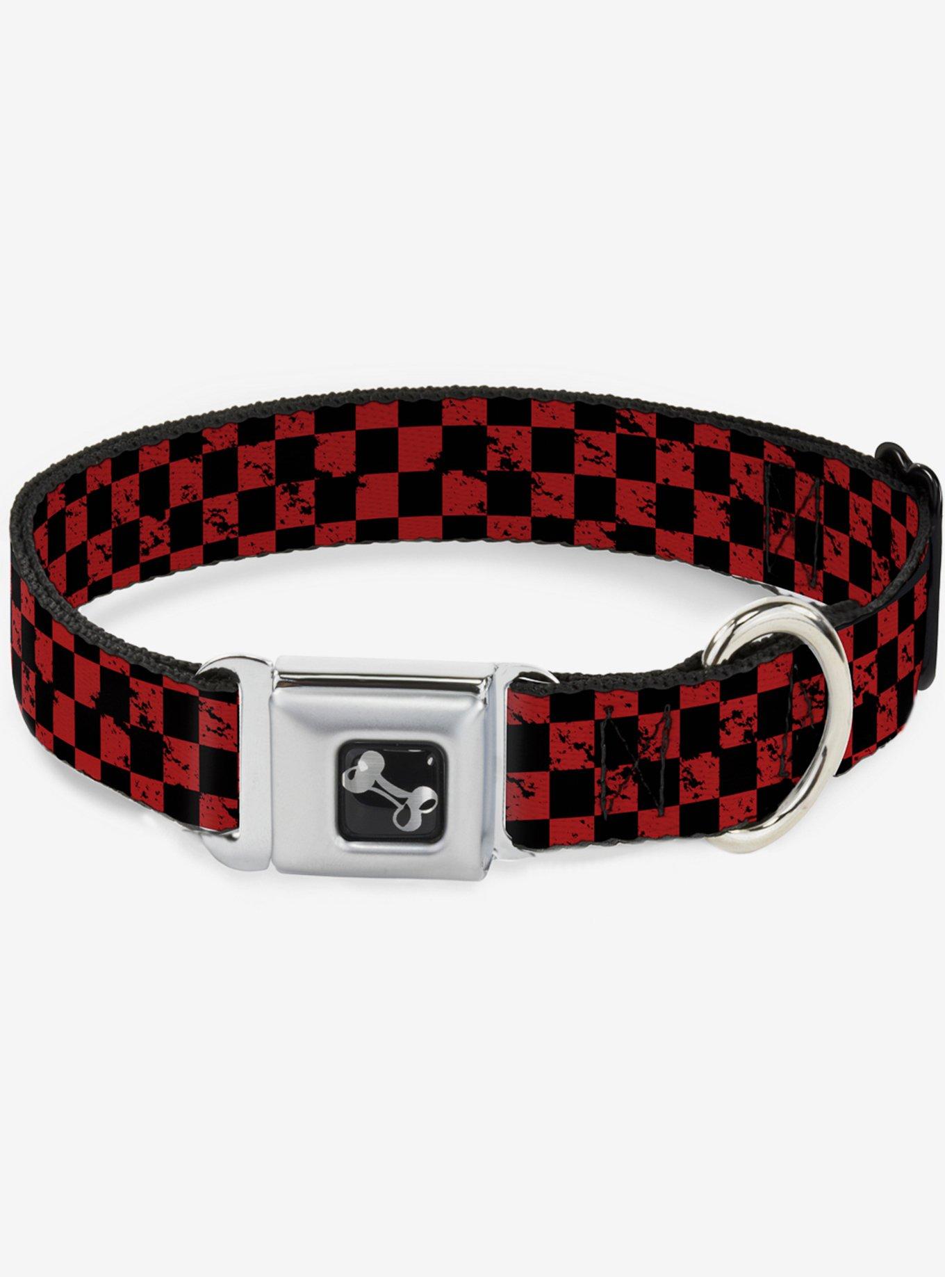 Distressed Checker Print Seatbelt Dog Collar Red, RED, hi-res