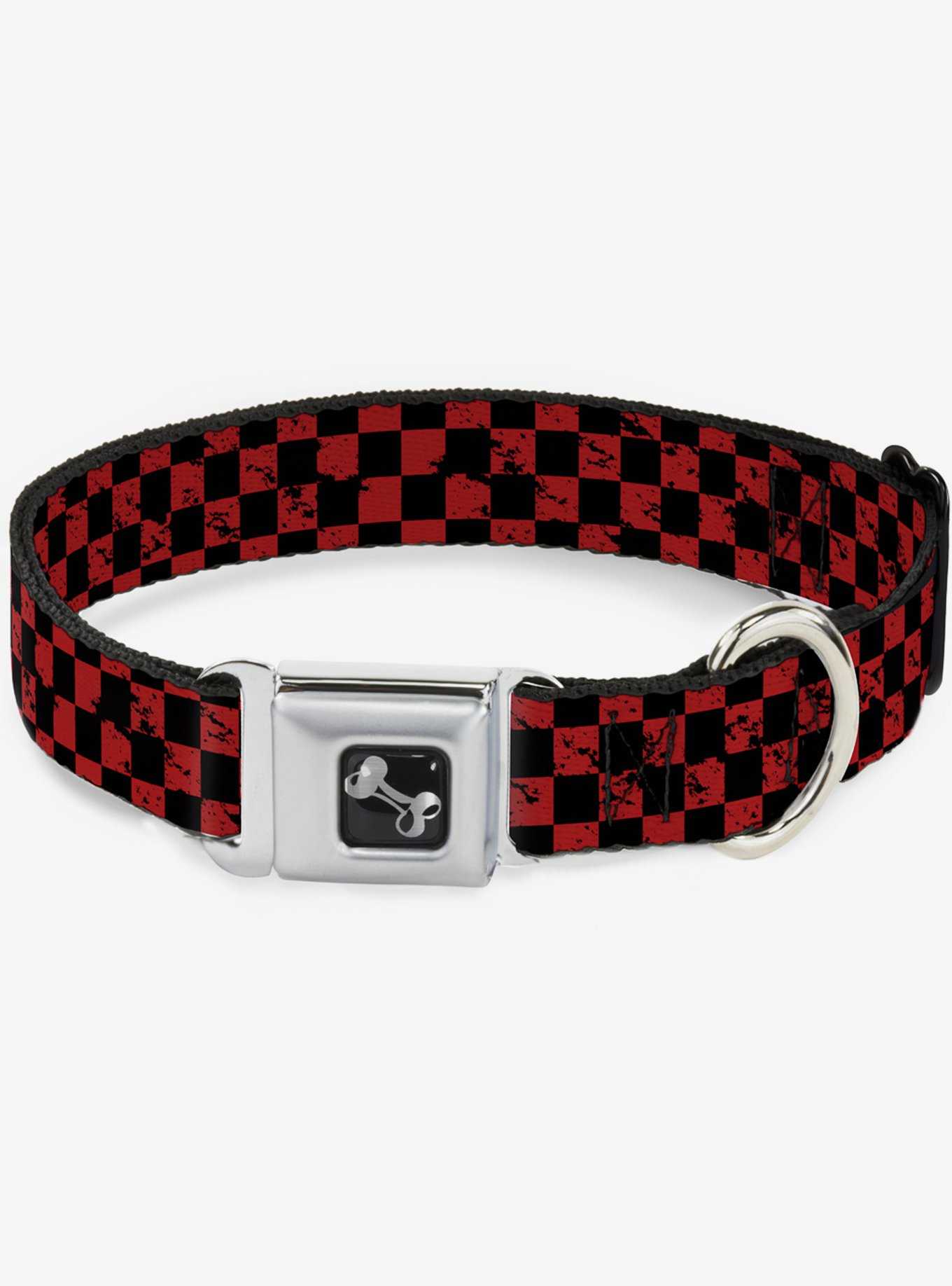 Distressed Checker Print Seatbelt Dog Collar Red, , hi-res