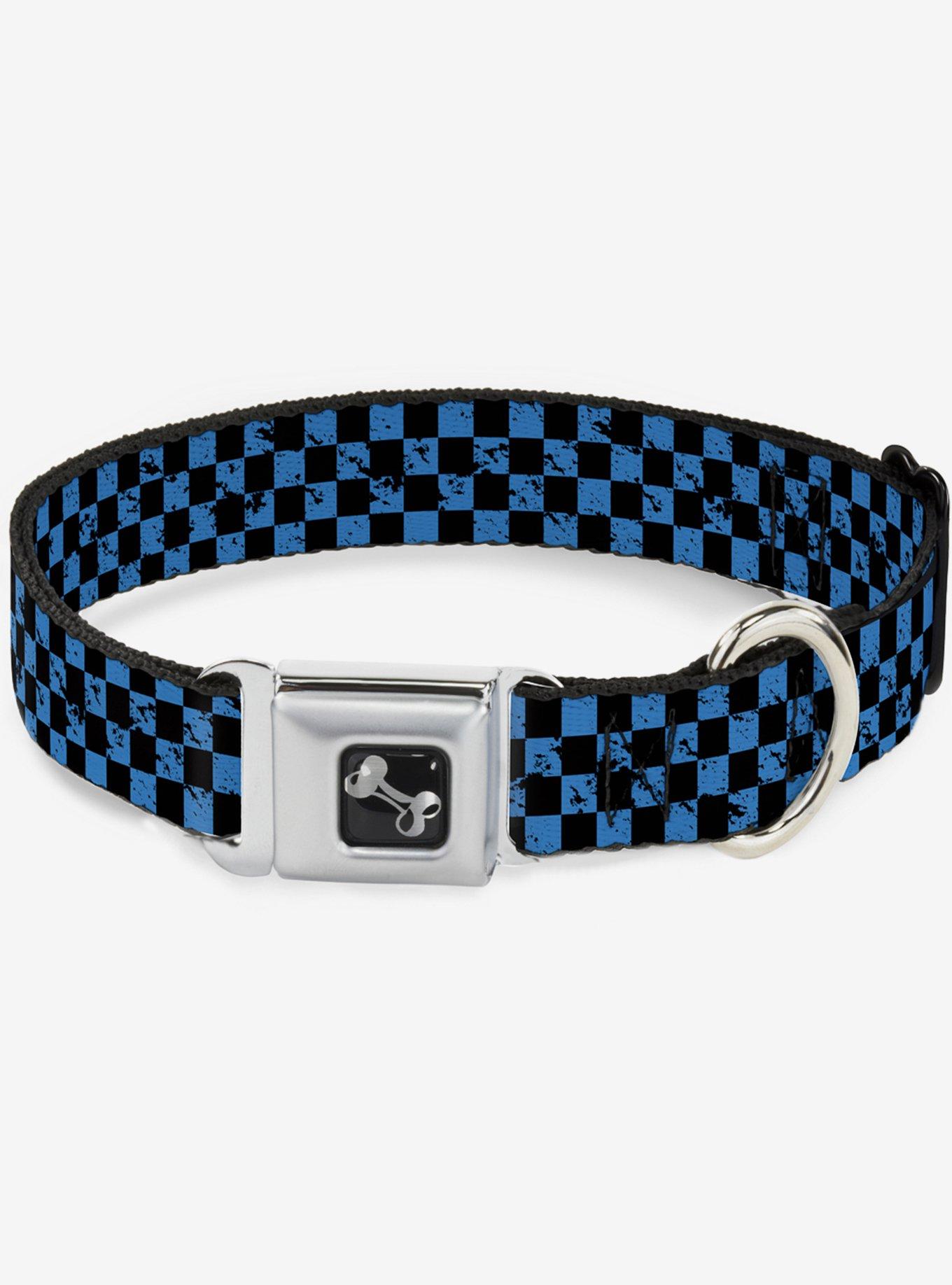 Distressed Checker Print Seatbelt Dog Collar Turquoise, BLUE, hi-res
