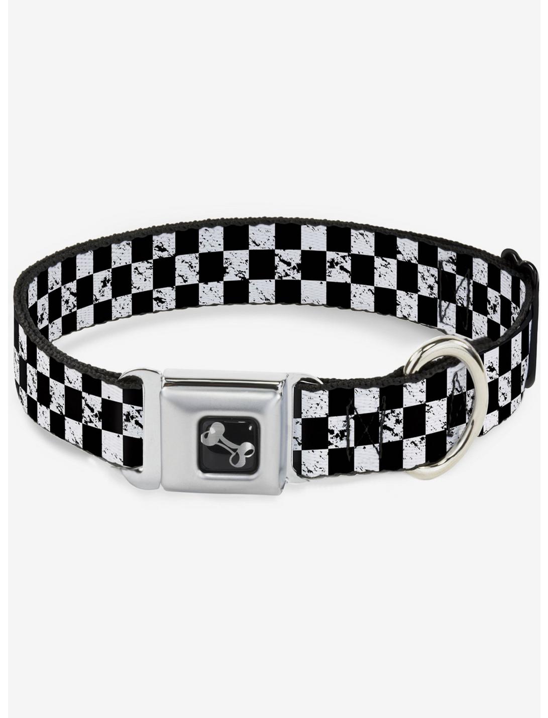 Distressed Checker Print Seatbelt Dog Collar White, BLACK, hi-res