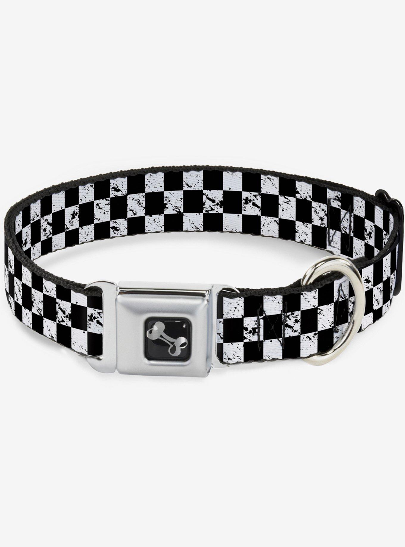 Distressed Checker Print Seatbelt Dog Collar White, , hi-res