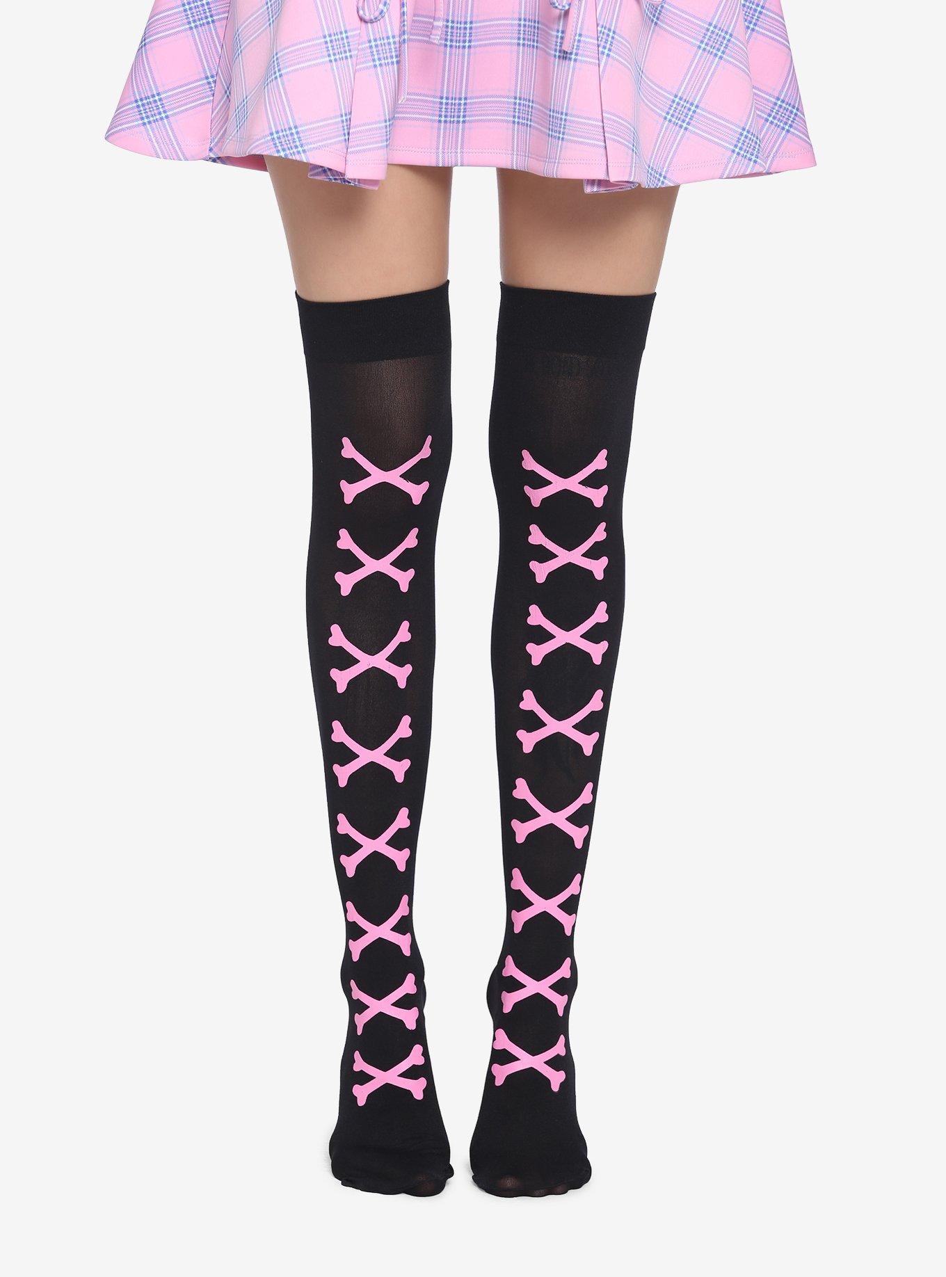 Pink Crossbones Thigh Highs, , hi-res