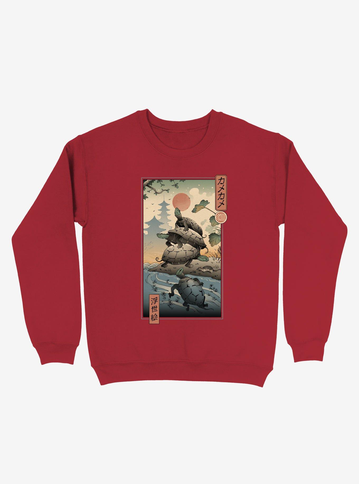 Turtles River Kame Kame Ukiyo-e Sweatshirt, RED, hi-res